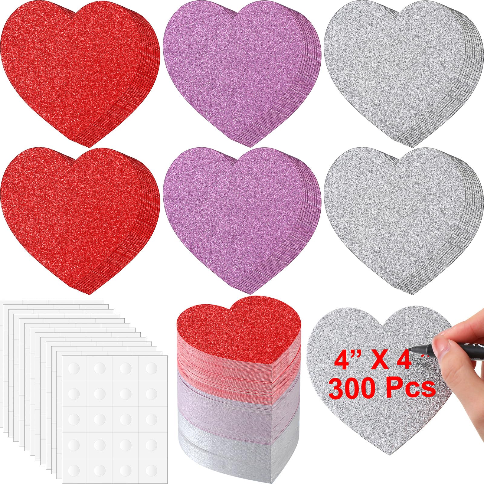 Tatuo300 Pcs 4x4 Inch Heart Cutouts Glitter Paper Valentine's Day Paper Hearts Cardboard Cut Outs Heart Decorations Valentines Day Decorations Arty Supplies Bulletin Board Classroom Craft