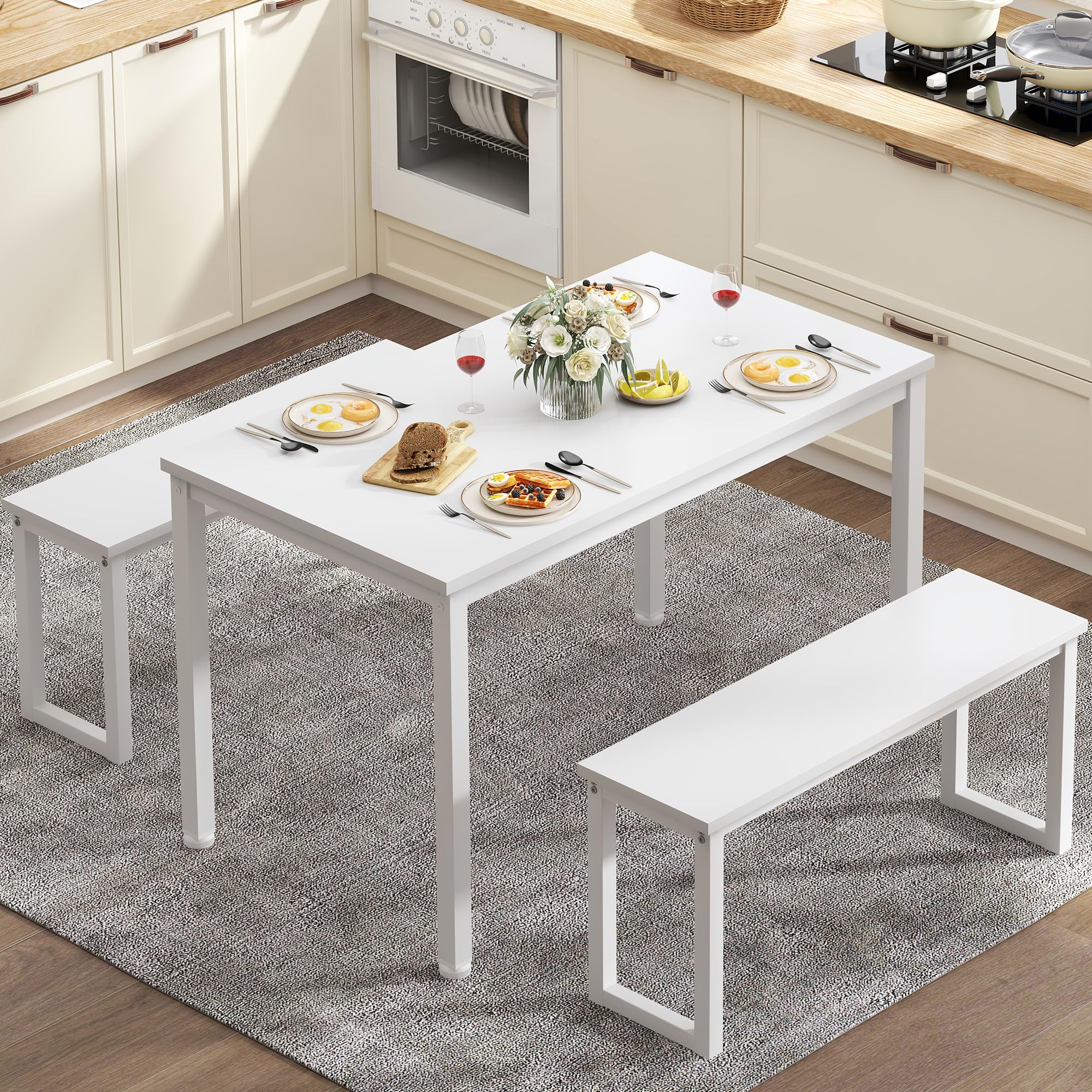 sogesfurniture Kitchen Table Set with 2 Benches, Dining Room Table Set for 4, 3 Piece Dining Room Set Industrial Style Furniture, Wood Kitchen Table & Chair Set for Breakfast Nook (White)