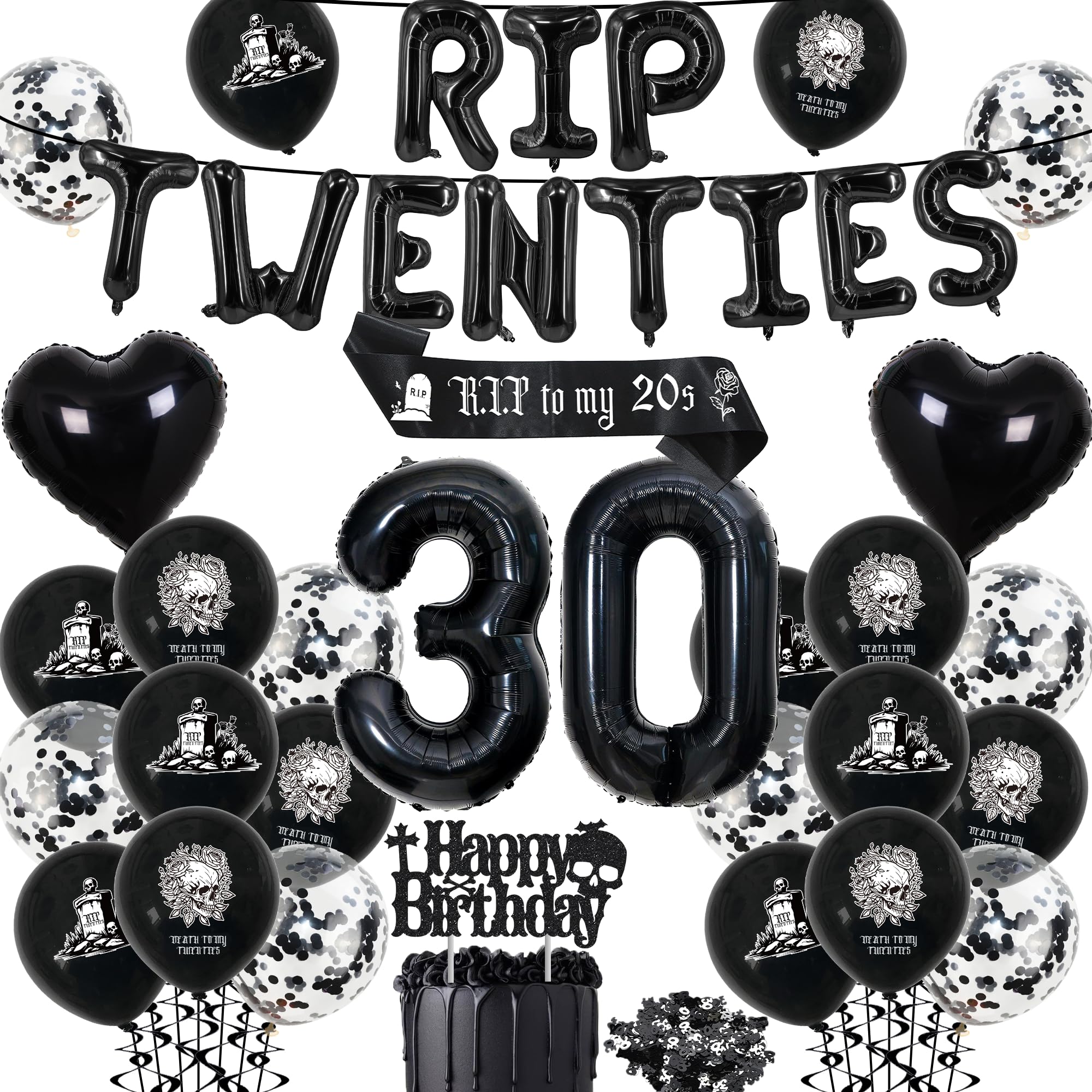 Rip 20s Birthday Decorations - Death to My 20s Decorations Set Includes Sash Cake Topper Confetti Rip to My 20s Balloons Death to My 20s Party Supplies 30th Birthday Decorations