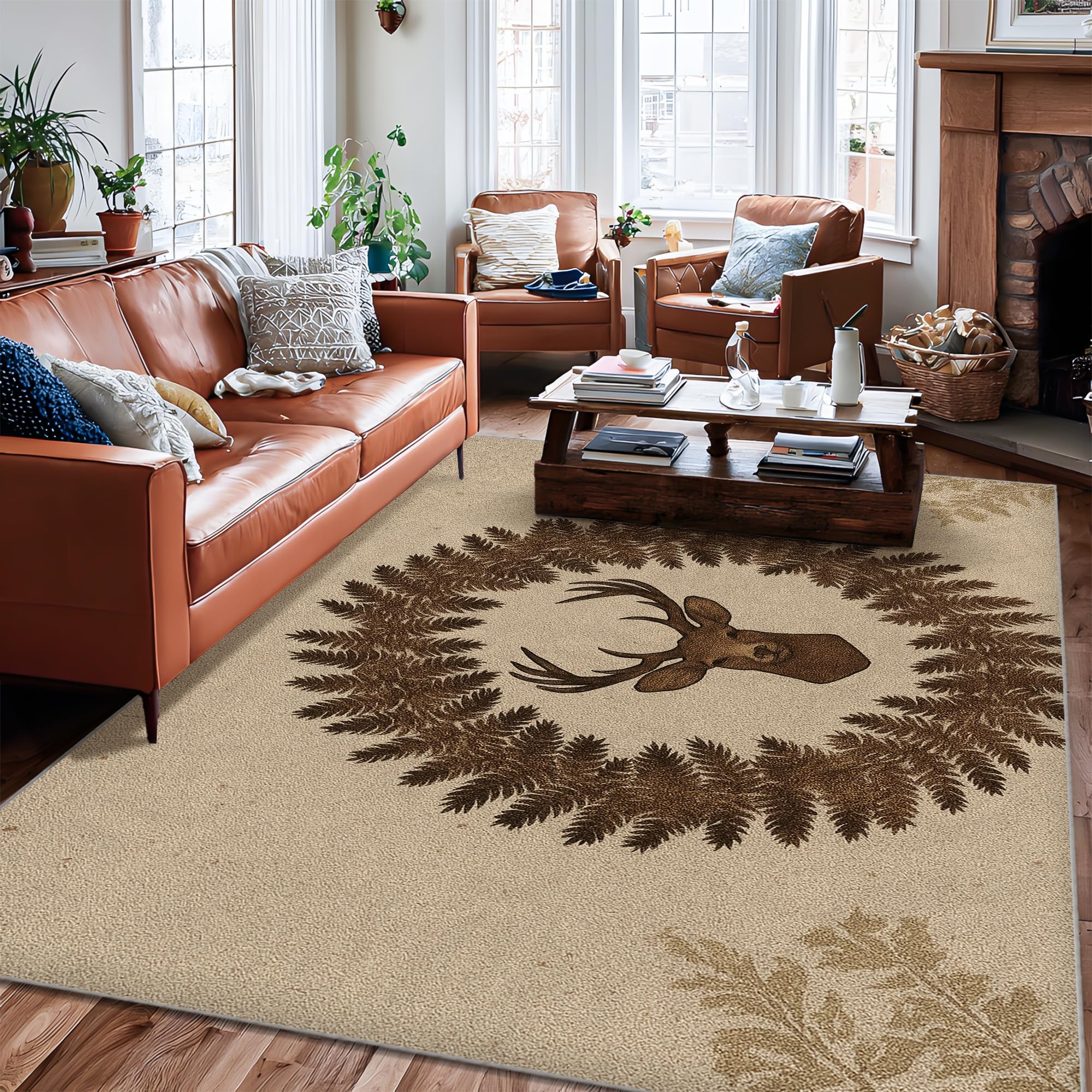 Tapis rustique motif cerf marron automne 1,8x2,7m pour salon