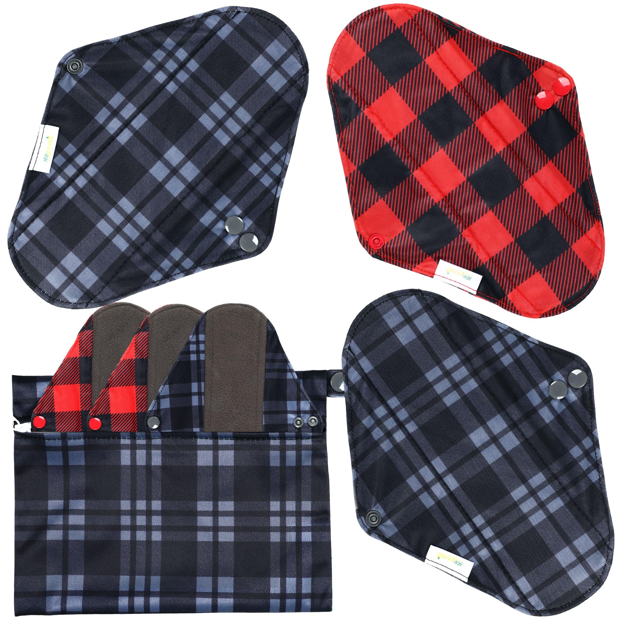 wegreeco Charcoal Reusable Menstrual Pads - Reusable Sanitary Pads | Reusable Panty Liners | Soft Cloth Menstrual - 6 Pack with 1 Cloth Mini Wet Bag (Small, Red &amp; Gray Check)