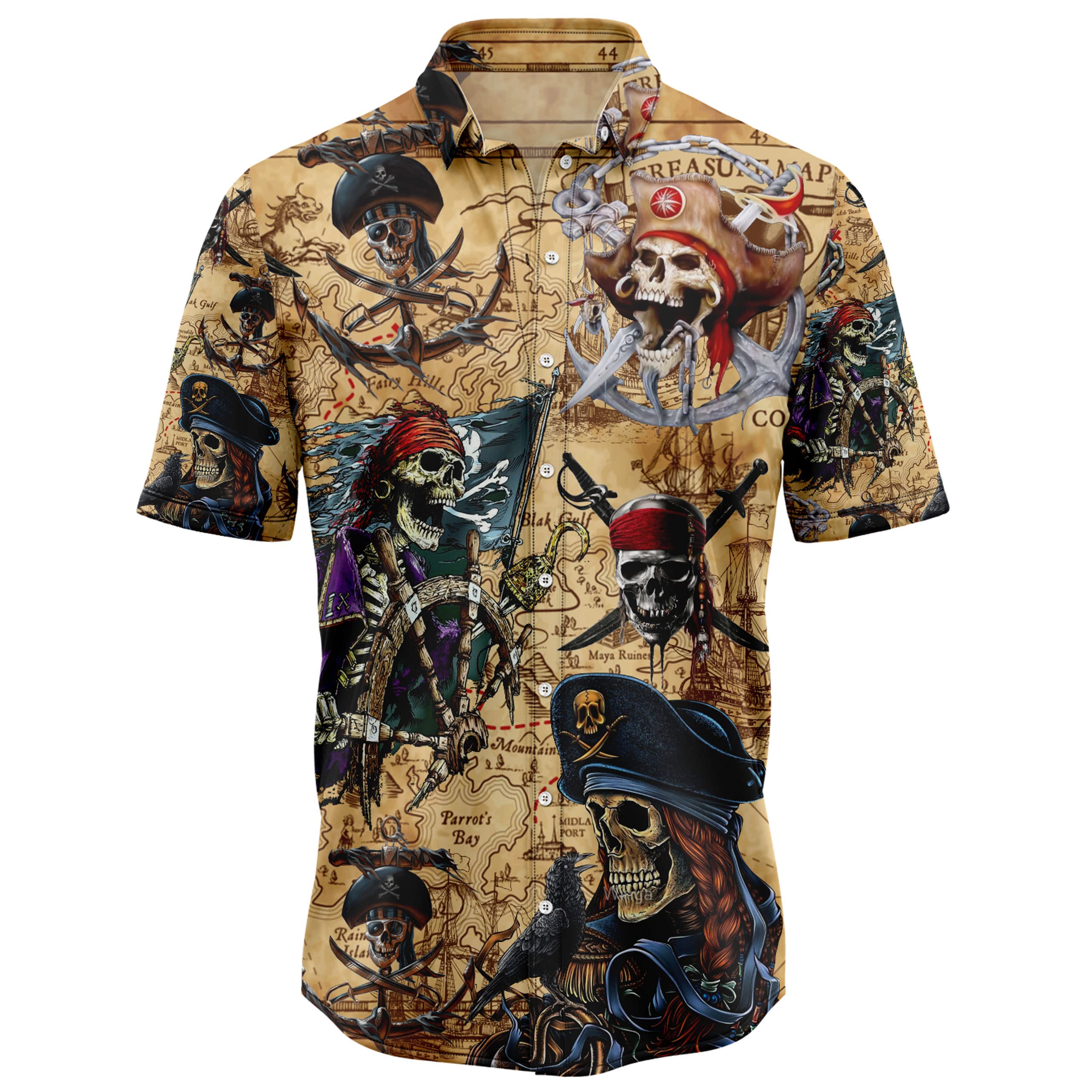 Pirate Skull Hawaiian Shirt Vintage Women Men Short Sleeves Summer Beach Shirt