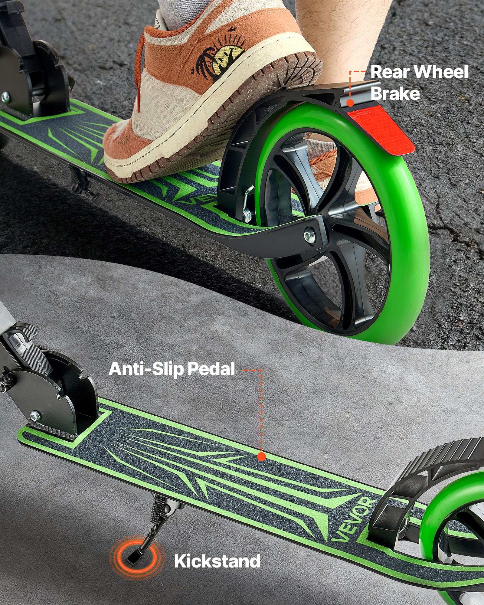 VEVOR Monopattini a Spinta, Monopattino con Freno a Pedale a 2 Ruote con Manubrio Regolabile Pedana Antiscivolo, Pieghevole e Leggero Fino a ca. 99,7 kg per Adolescenti e Adulti, Verde Nero