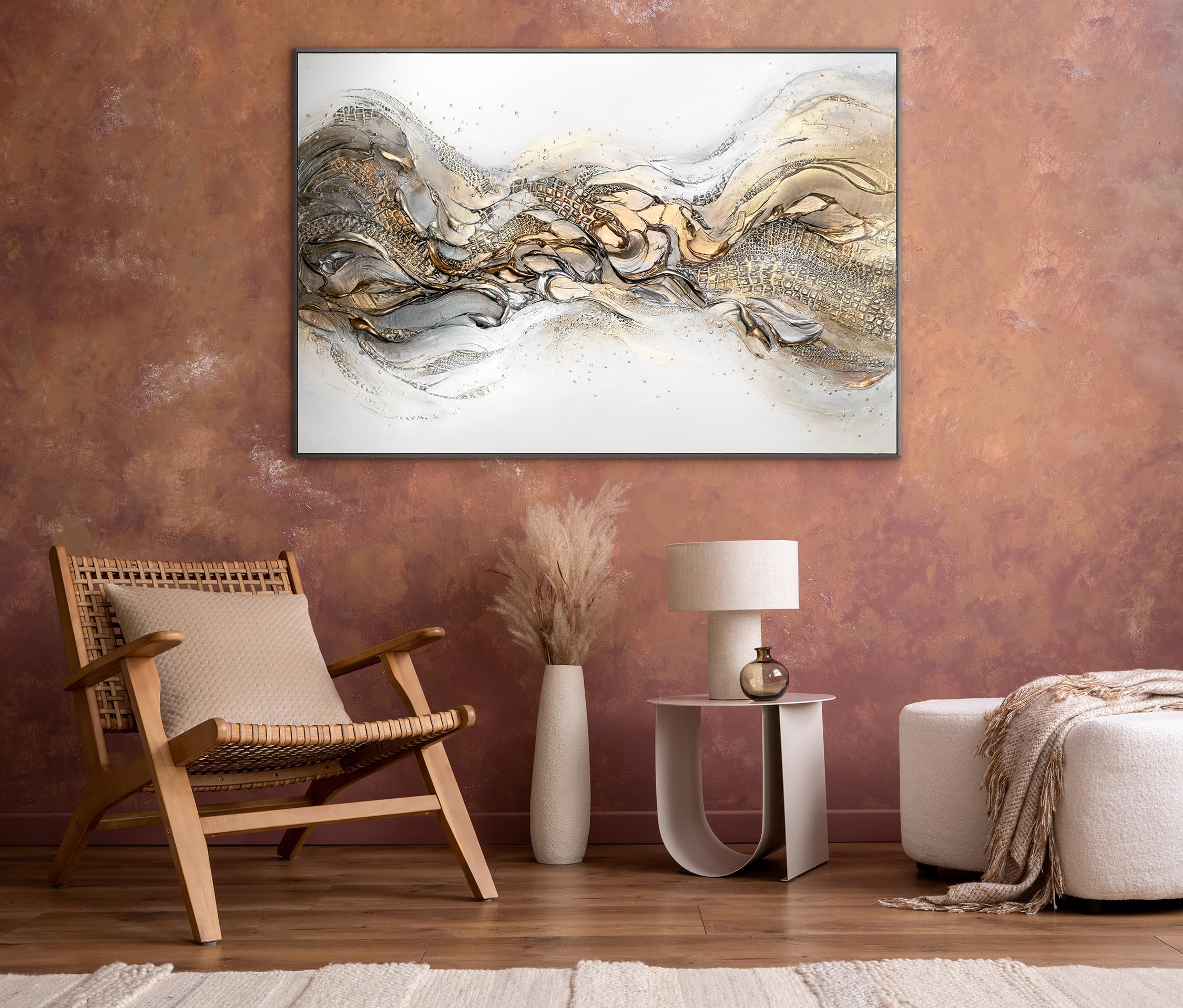 Luxus Abstrakt Acryl Gemälde auf Leinwand handgemalt Wandbilder Gold Weiß 120x80 cm echtes Kunstwerk