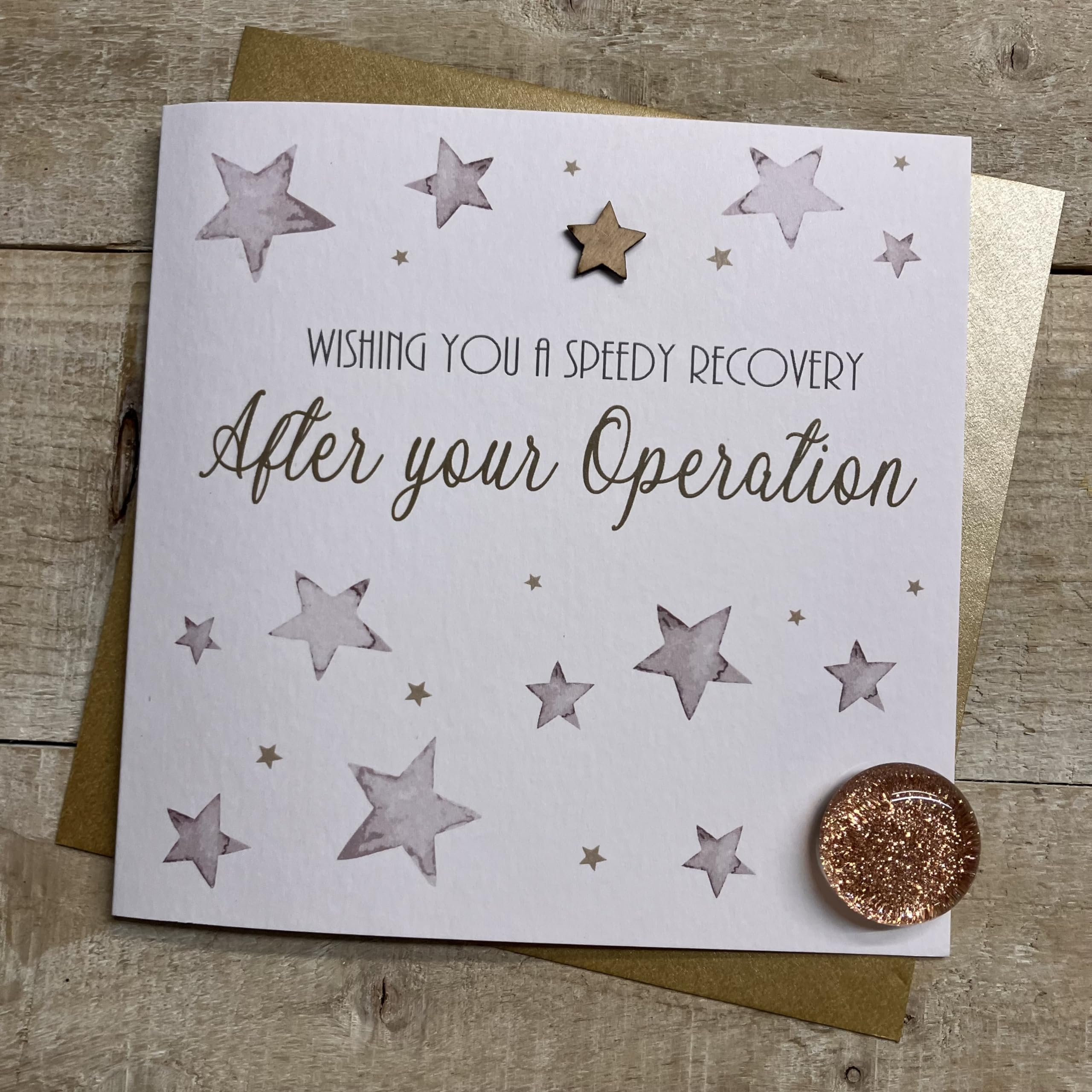 WHITE COTTON CARDS SPEEDY RECOVERY AFTER YOUR OPERATION - STARS GET WELL CARD, HAND FINISHED (S460)