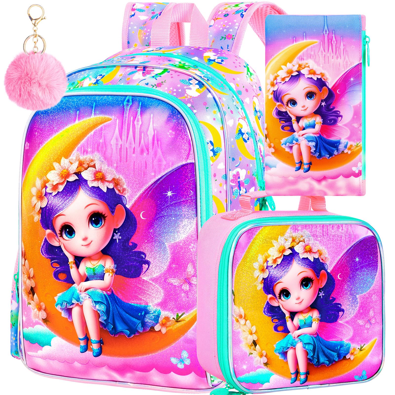 AGSDON 3PCS Girl Backpacks for Elementary Kids Backpack School with Lunch Box, 16" Bookbag for Girls 3 in 1 Set for Water Resistant