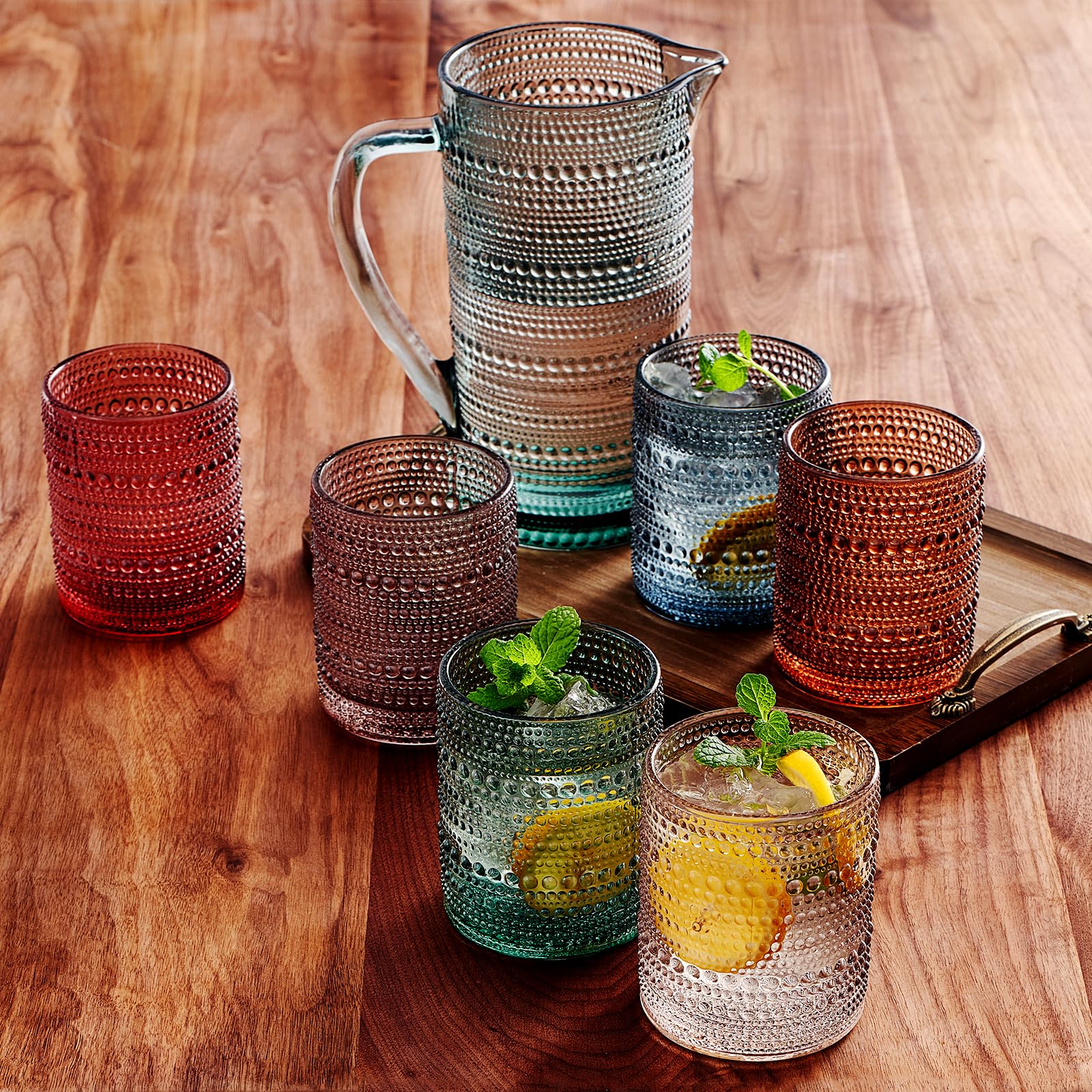 Hobnail Beaded Pitcher & Tumbler Glasses Set | Set of 6 Glasses & Carafe| Vintage 11 OZ Lowball & 2.4 Litter Glass Muted Bubble Design Glassware, Old-Fashioned, Embossed Design - Water, Wine, Cocktail