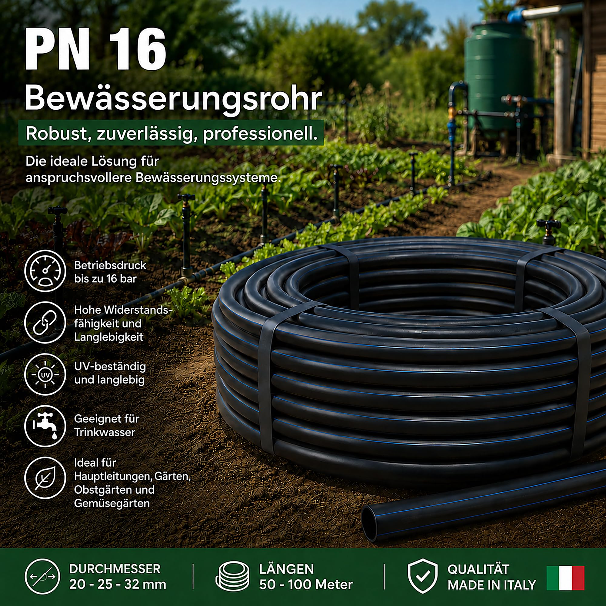 Briconatura Bewässerungsschlauch 16 PN 50 oder 100 Meter Durchmesser 20 25 32, Gartenschlauch, Schlauch aus Polyethylen mit hoher Dichte, Bewässerung mit hohem Druck, Gemüsegarten,