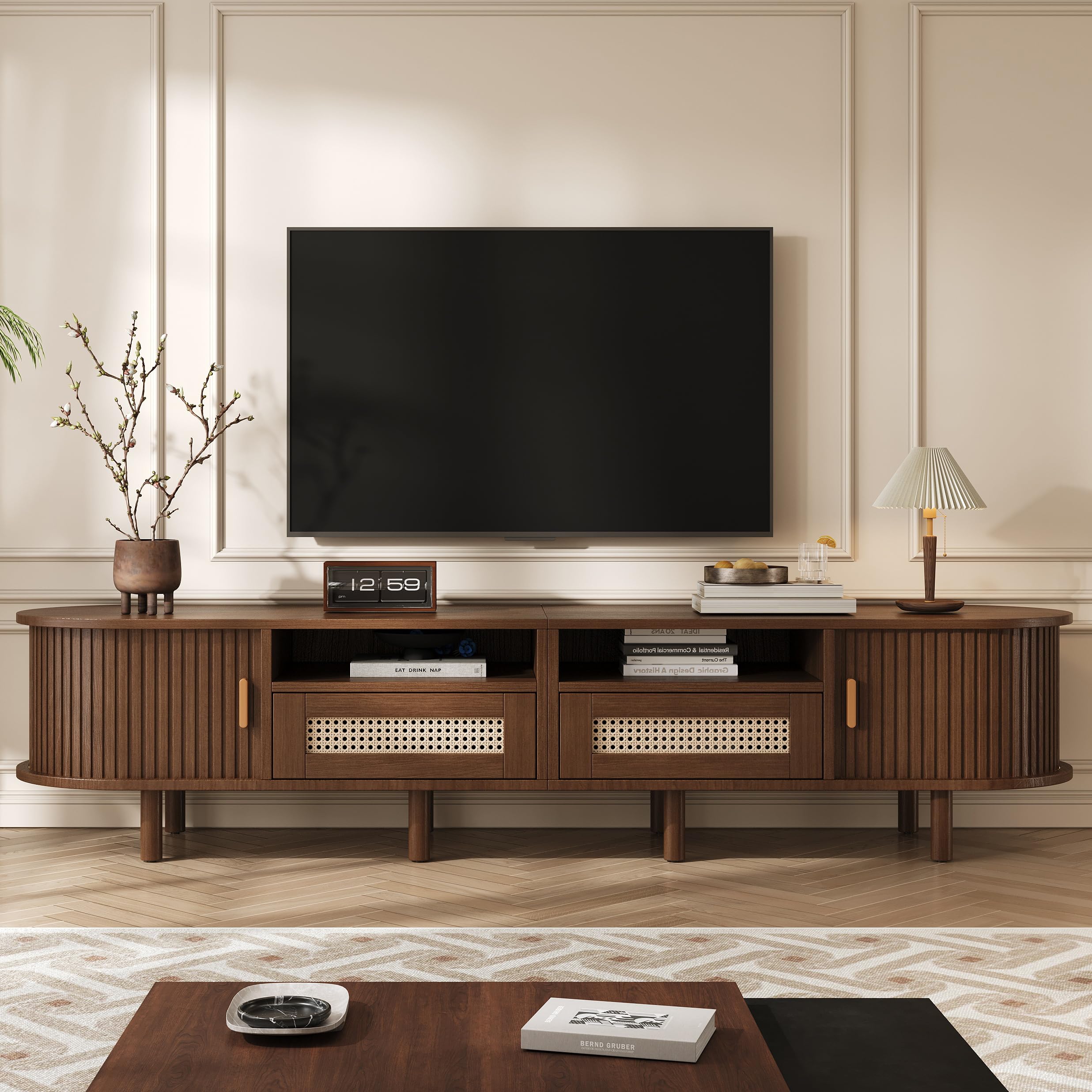 ModernLuxe Mobile TV Ovale e Tavolo TV per 70 Pollici, con 2 Cassetti in Rattan, 2 Ante Scorrevoli, Credenza Bassa, 170 * 40 * 40 cm Color Noce
