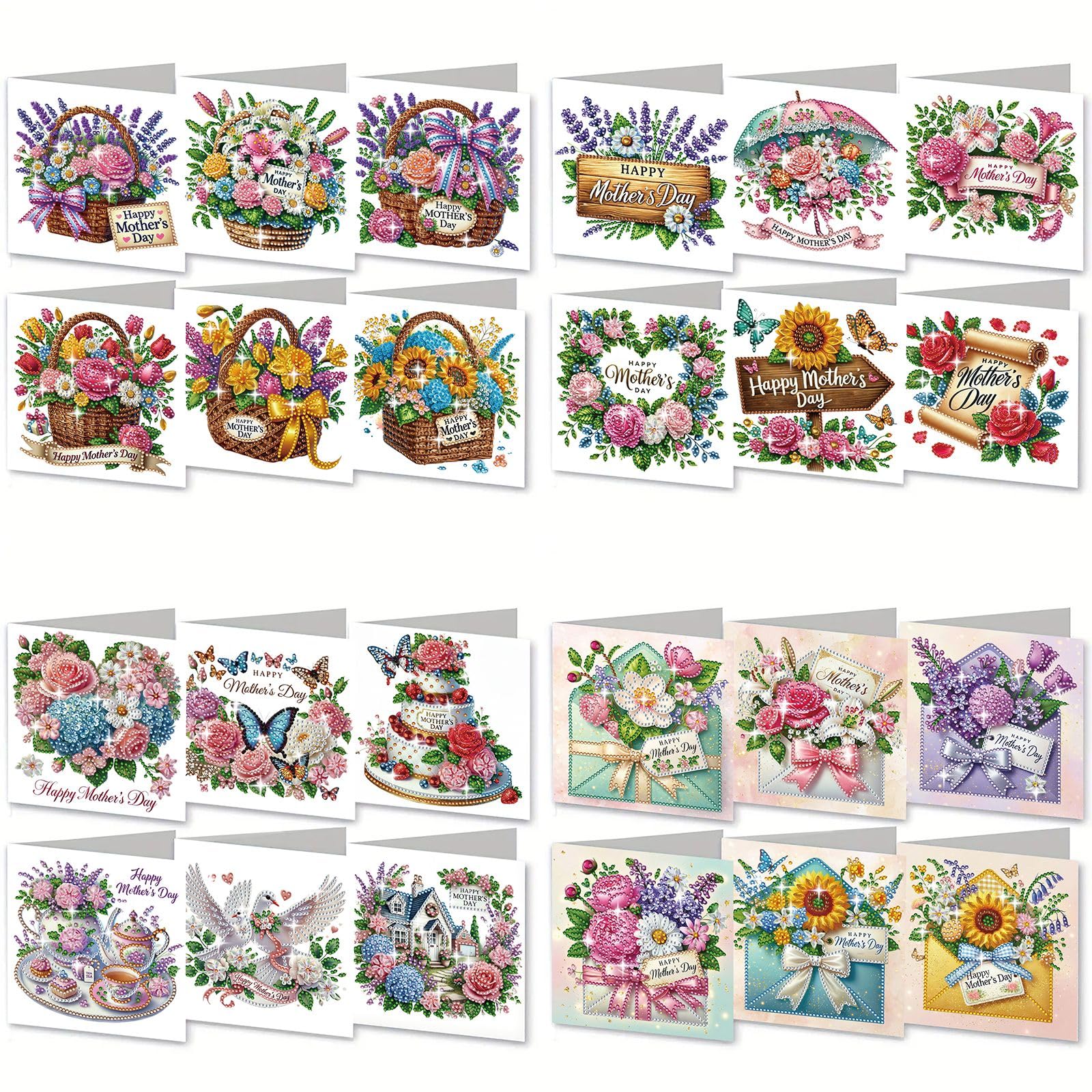 Lebartm 24Pcs DIY Folding Greeting Card Mother's Day Diamond Art Painting Foldable Thank You Cards with White Envelope Blessing Greeting Card Set for Holiday Crafts Gift