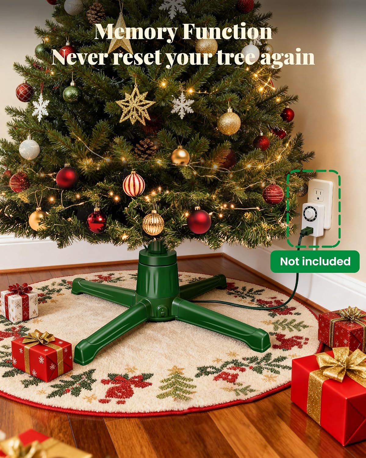 COOLWUFAN Musical Rotating Christmas Tree Stand with Remote Control, 360-Degree Tree Stand Base for Up to 9FT & 120lb Artificial Trees, 6 Built-in Electrical Outlets Xmas Revolving Tree Holder
