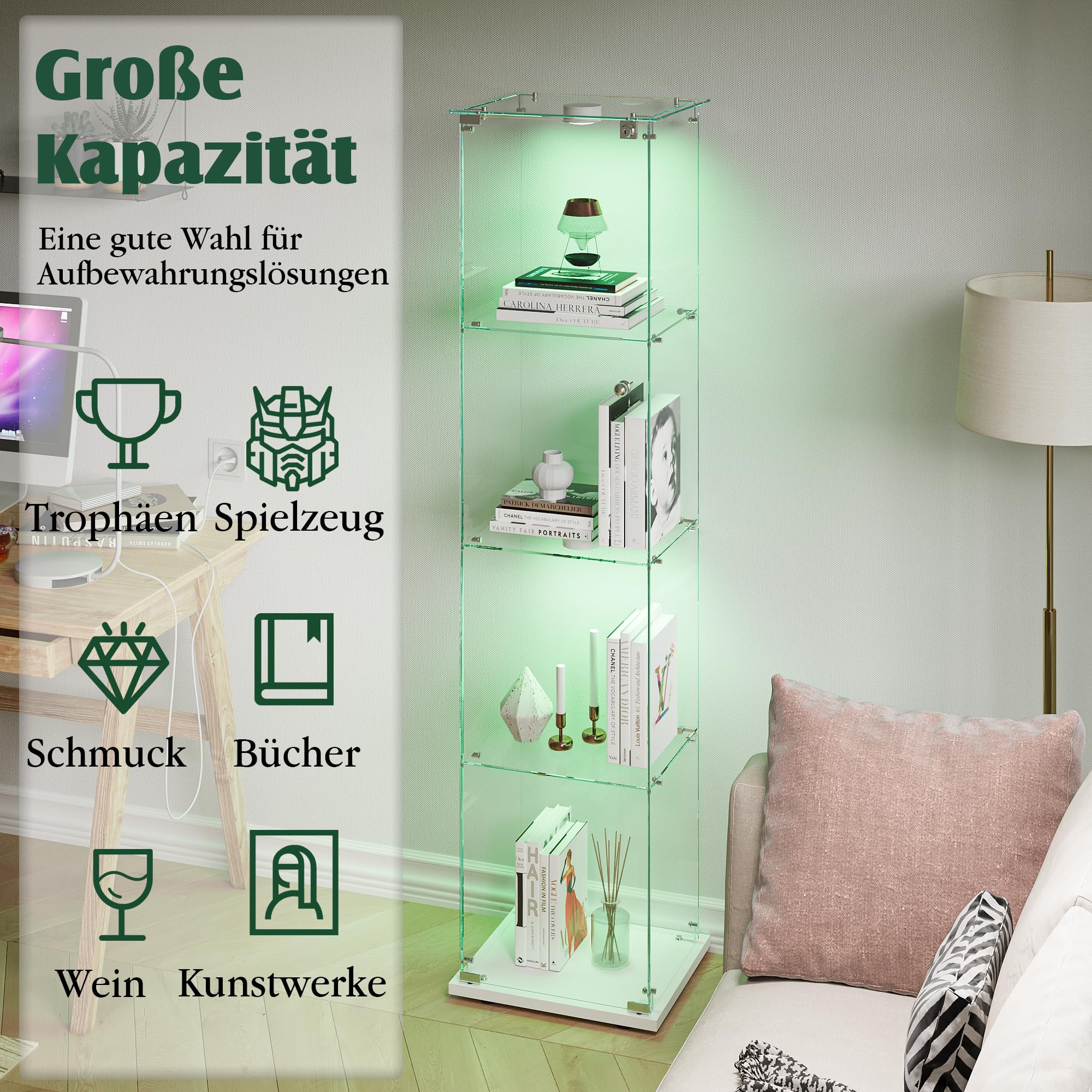 Vitrine aus Glas, 4 Schichten, Schrank mit Schloss, 163 x 35 x 39,8 cm, LED-Vitrine für Sammlung mit Möbel für Wohnzimmer