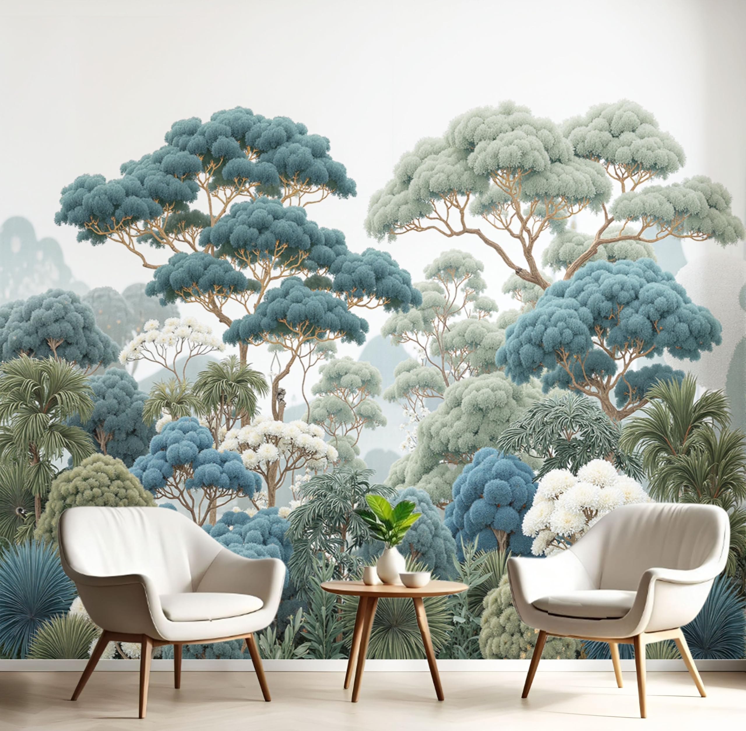 Décoration murale chambre papier peint panoramique paysage forêt pins bleu-vert