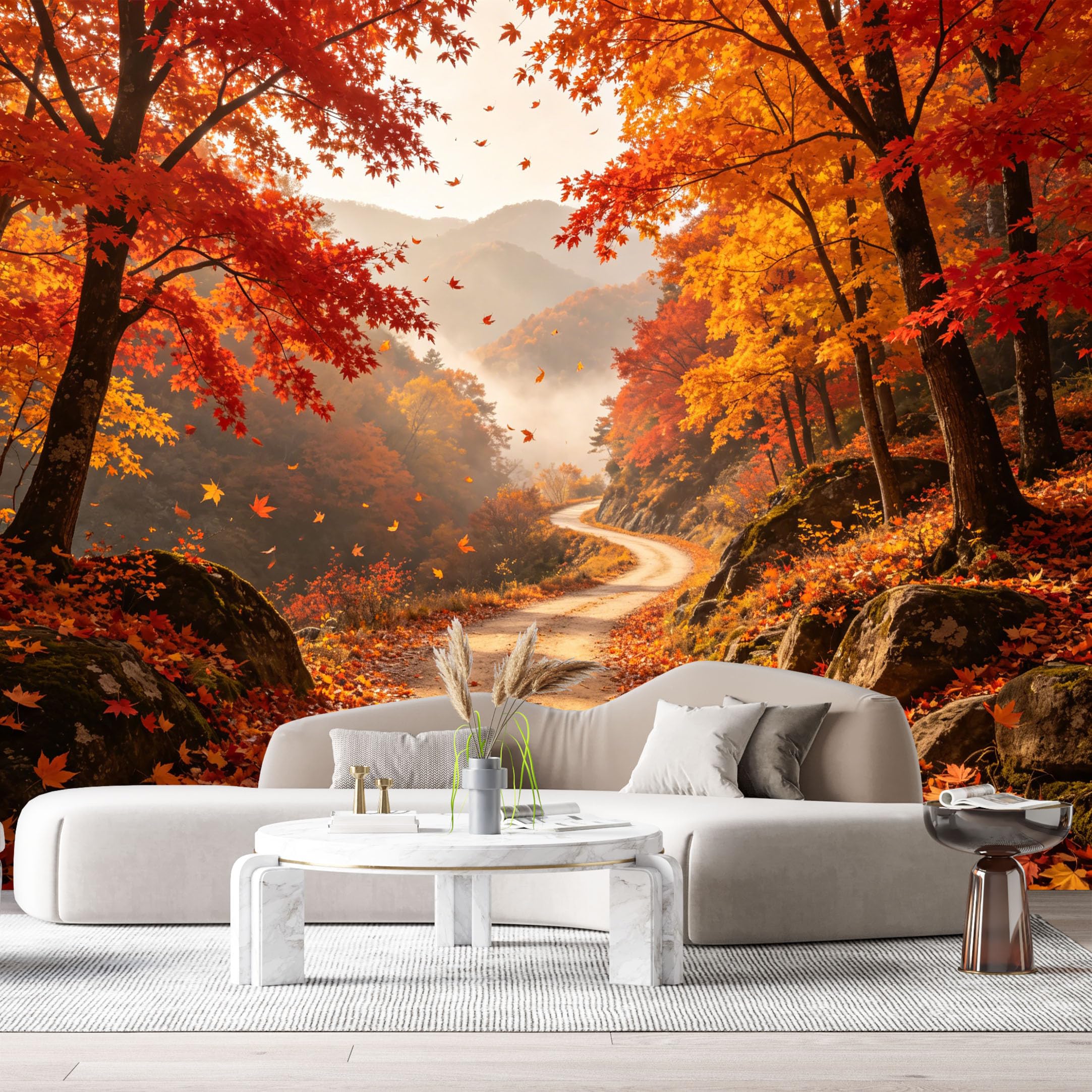 Custom Size Wall Murals Autumn Forest Landscape Path Fall Foliage Mountain View Watercolor SelfAdhesive Wall Fabric Removable Large Wallpaper for Photo Living Room