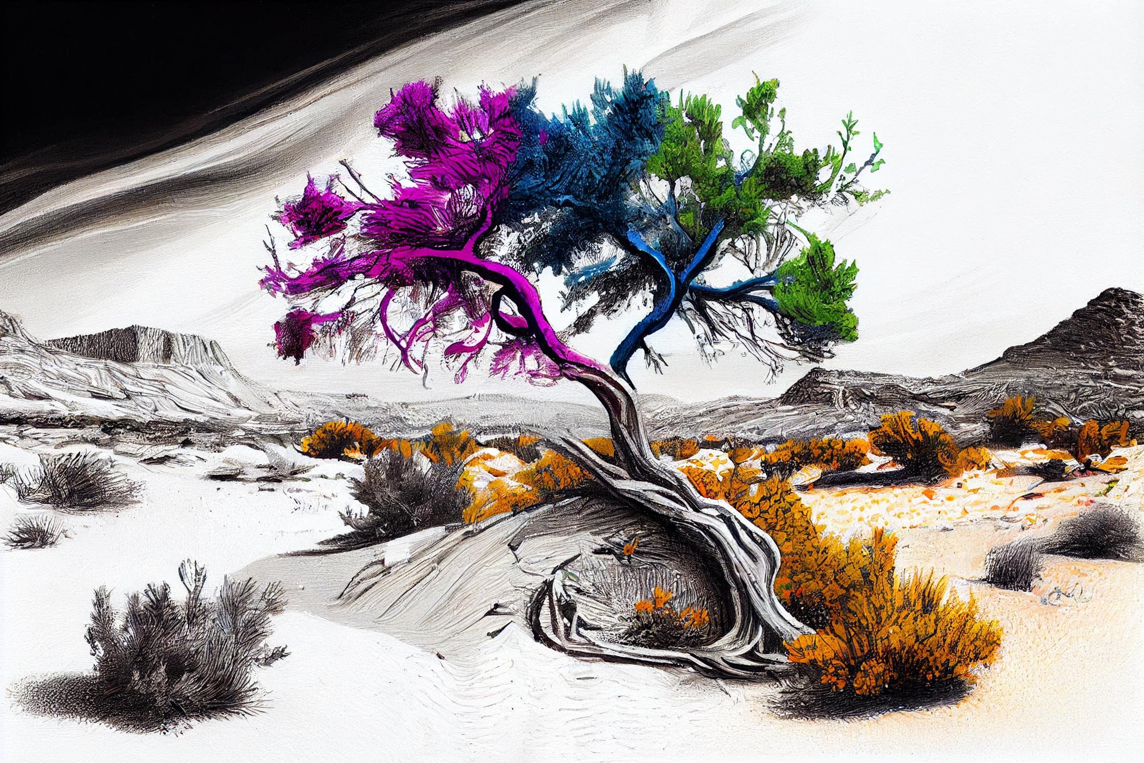 ArtsIndia Desert Oasis A Colorful Tree in a Black and White Landscape (Material: Gloss, Size: 18" x 12", Style: Framed)