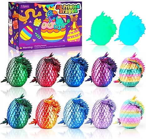 12PCS 3D Printed Dragon Eggs with Dragon Inside, Cool Stuff Fun Gifts, Mini Dragon Egg Set Articulated Crystal Dragon Fidget Toy for Adults Teens Boy Gifts Easter Basket Stuffers