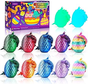 12PCS 3D Printed Dragon Eggs with Dragon Inside, Cool Stuff Fun Gifts, Mini Dragon Egg Set Articulated Crystal Dragon Fidget Toy for Adults Teens Boy Gifts Easter Basket Stuffers