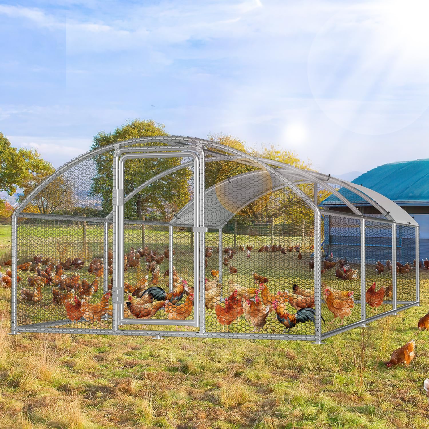 Hühnerstall, 3x6x2m Kuppel Dach Hühnerhaus Freilaufgehege, mit Schloss aus Verzinkter Stahl und Wasserdichtes PE-Farbtuch Tiergehege, Schnell zu reinigen