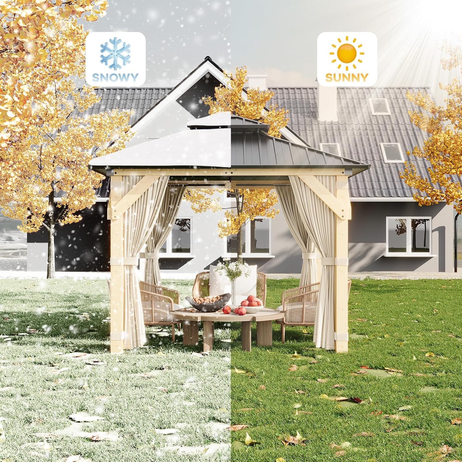10x10 ft Wood Gazebo, Upgrade Spruce Frame and Double Galvanized Steel Roof, Hardtop Gazebo