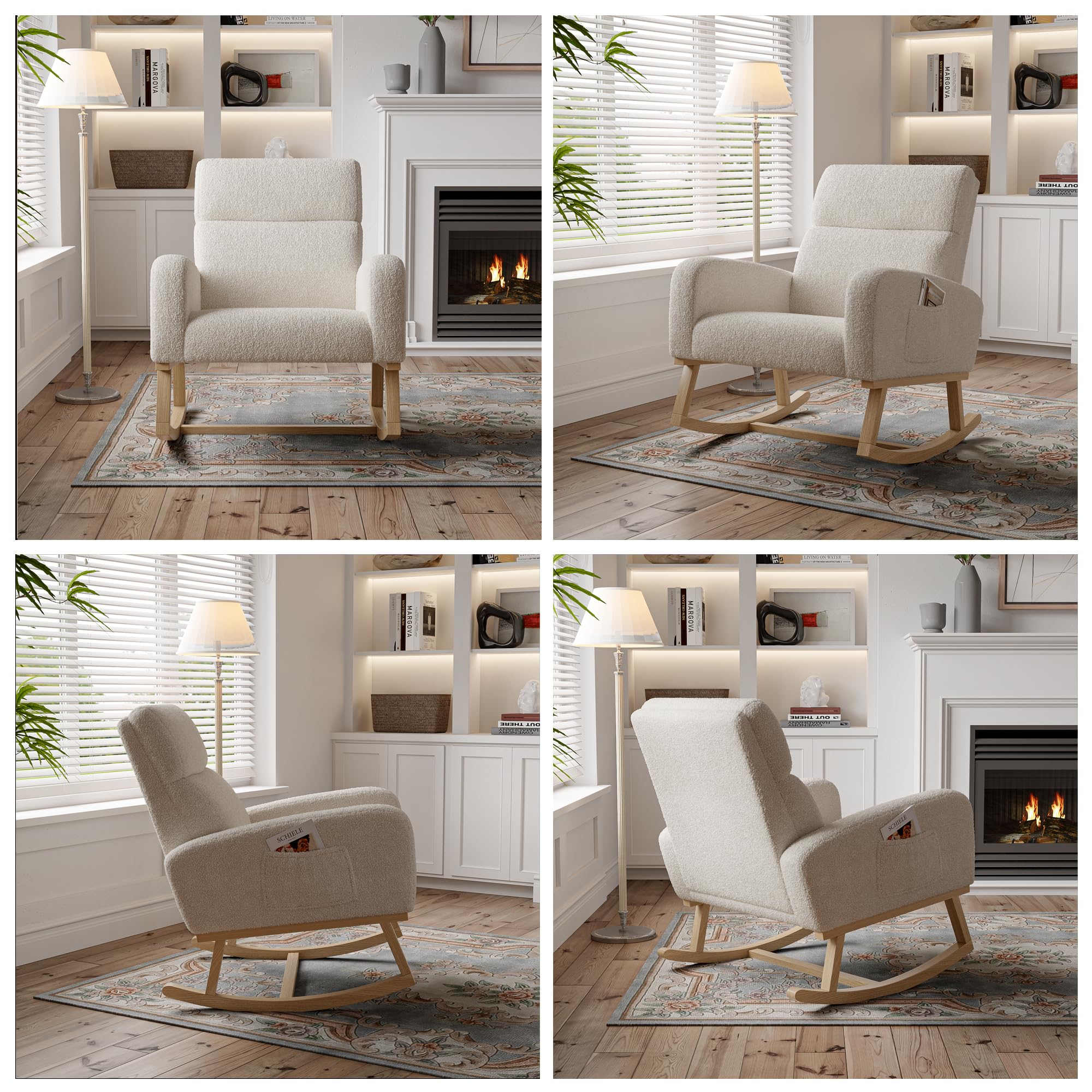 Sedia a dondolo scandinava, poltrona per allattamento, tempo libero e riposo, in tessuto con piedi in legno e metallo per soggiorno, camera da letto, colore: Beige A