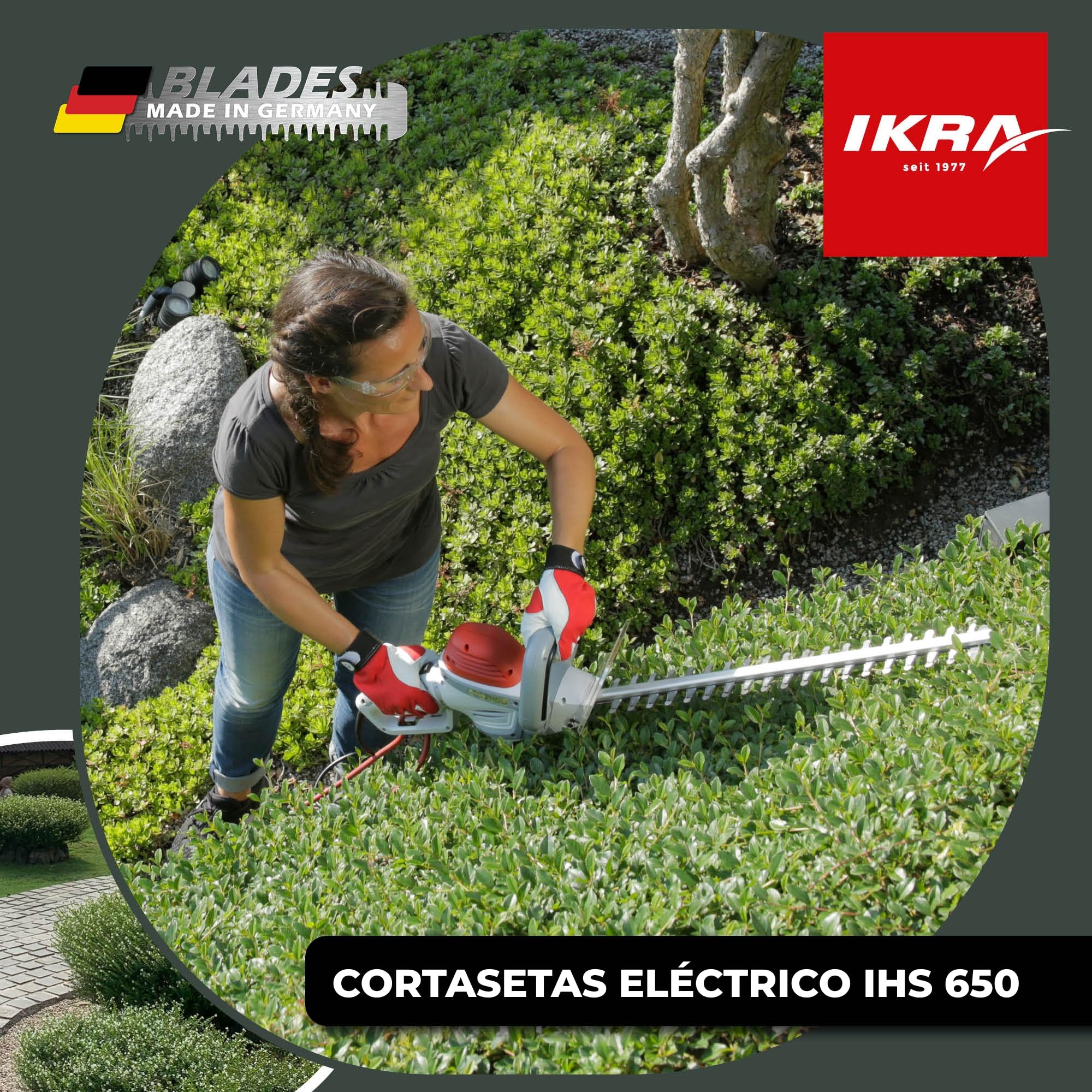 IKRA IHS 650 Tijeras Cortasetos eléctrico IHS 650, Longitud de Corte 55 cm, Apertura 22 mm, Mango rotativo 180°, 650 W, 230 V | Potencia de 650W, grosor de corte de 22mm, alto rendimiento de corte y bajas vibraciones, cuchilla fabricada en Alemania