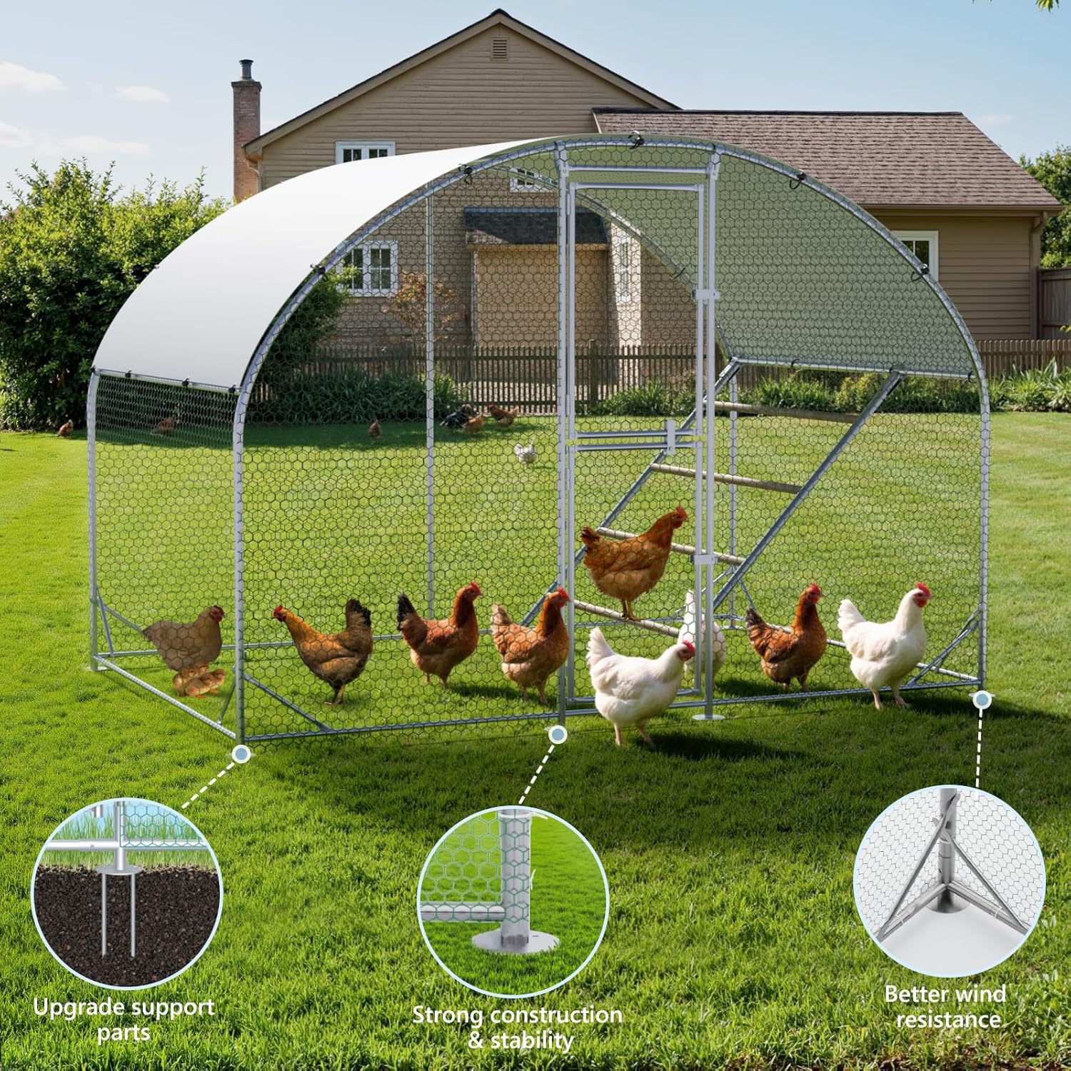 Image showing the chicken coop frame with wire mesh installed, highlighting upgrade support parts, strong construction, stability, and better wind resistance features.