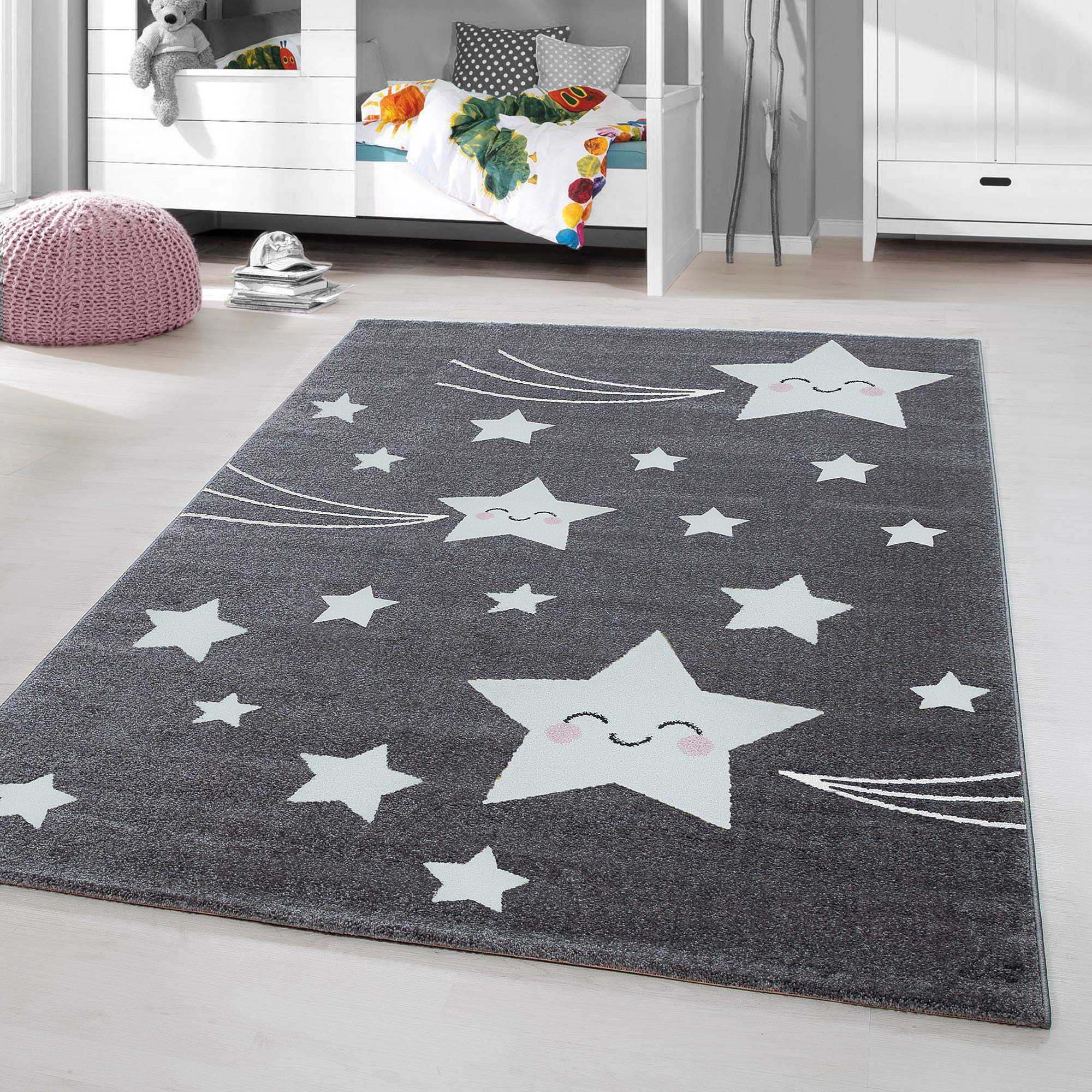 HomebyHome Alfombra para niños Pila Corta Diseño de Estrella Sonriente Habitación de los niños de los bebés Suave Rectangular Redondo Gris, Tamaño:80x150 cm