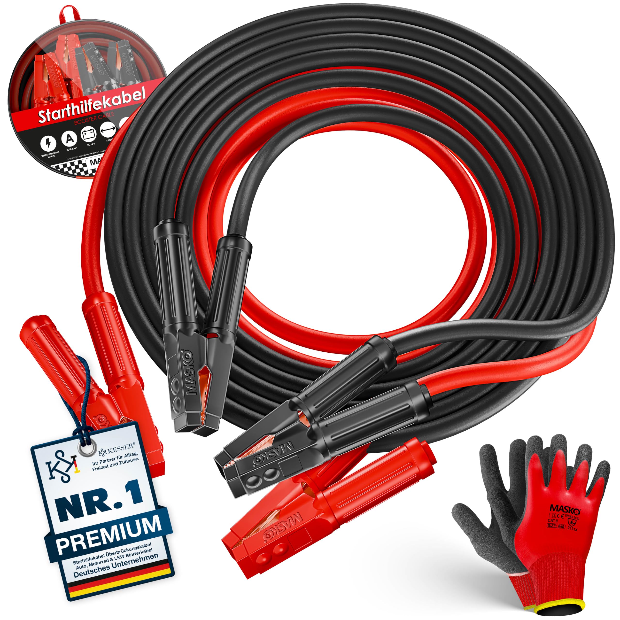 MASKO® Starthilfekabel Überbrückungskabel für Benzin- und Dieselmotoren 12/24 Volt. Auto, Motorrad & LKW Starterkabel aus Kupfer mit 4 vollisolierten Polzangen, Handschuhe & Tasche 2x6m 50mm² 3000Amp
