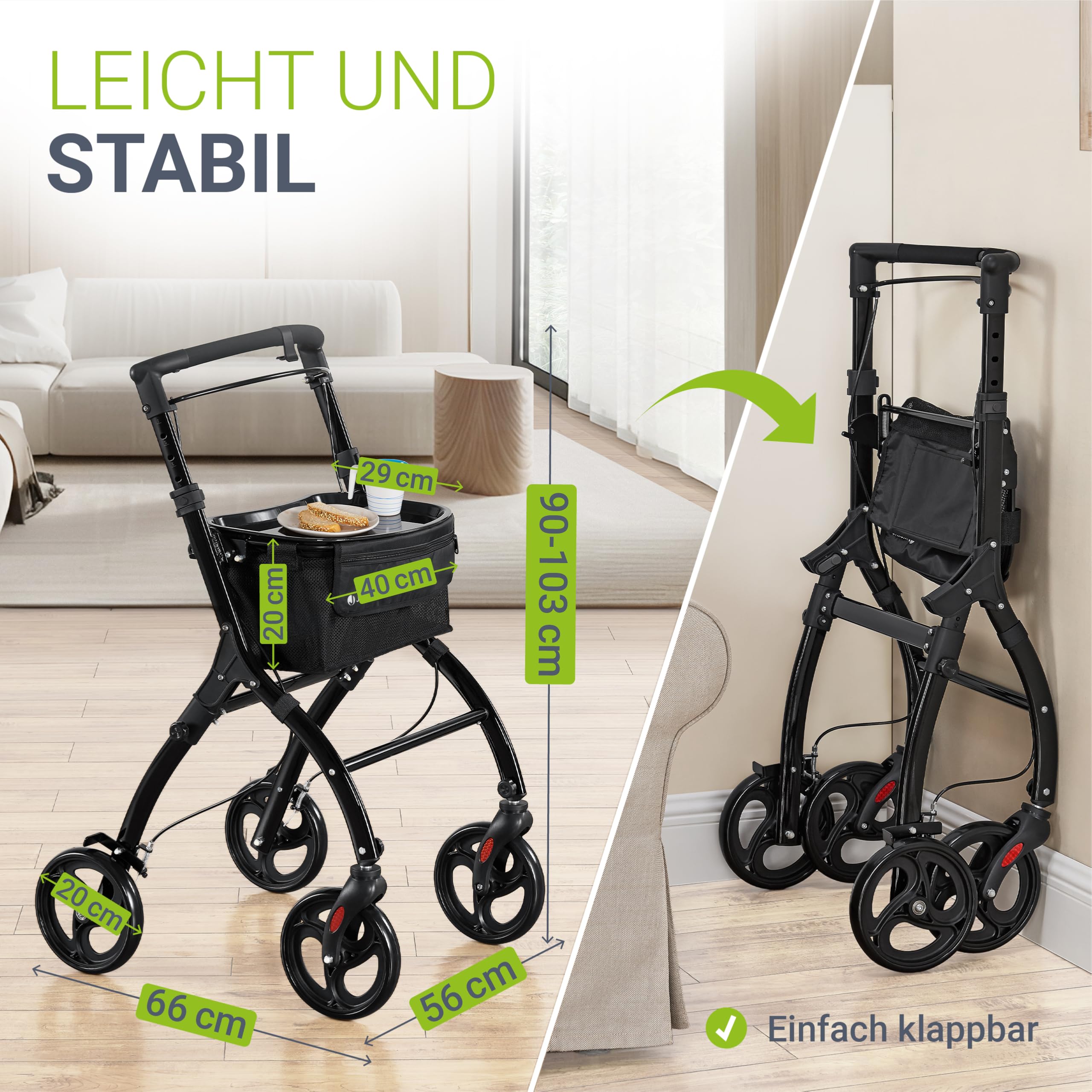Juskys Aluminium Wohnungsrollator Aktiv mit Transporttasche & Tablett - Indoor Rollator schmal, leicht & faltbar - Gehhilfe für Senioren - Schwarz