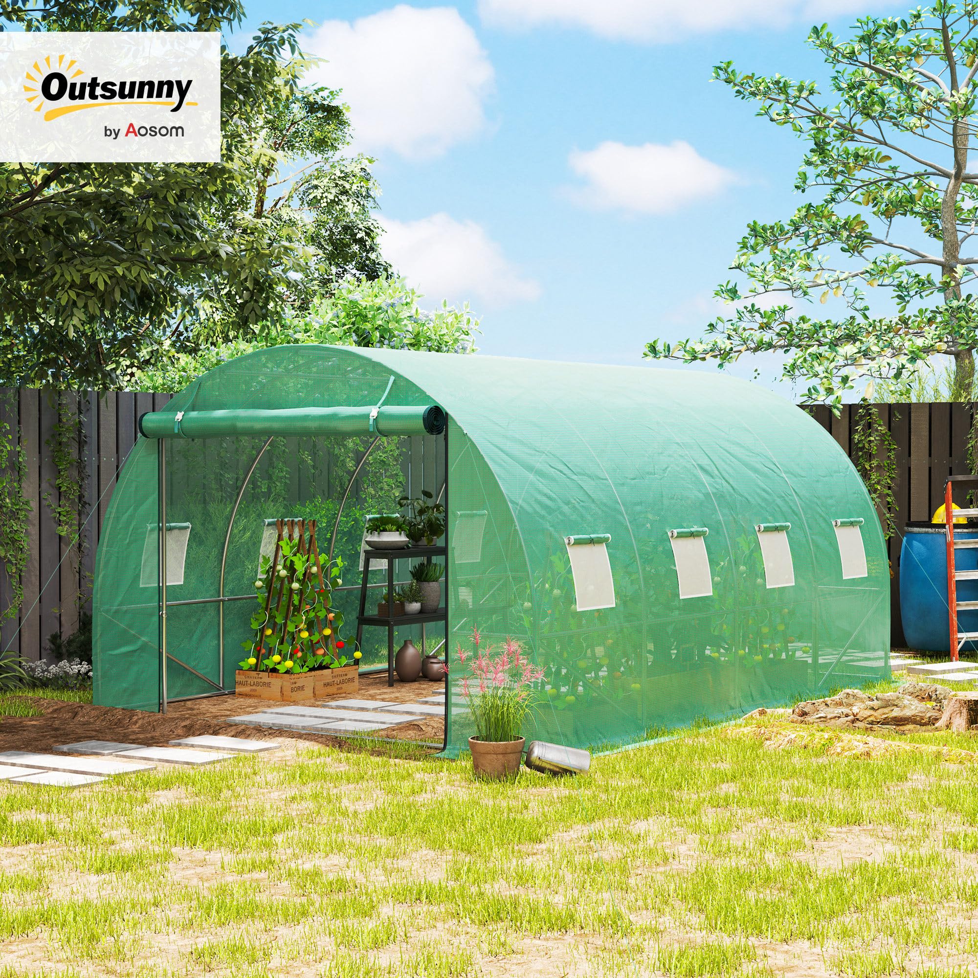 Outsunny Gewächshaus 300x400x200cm Foliengewächshaus Tomatenhaus mit Tür, 8 Fenster, Folientunnel aus verzinktem Stahl, 170g/m² PE, stabiles pflanztunnel, Treibhaus inkl. Erdanker & Seilen, Grün