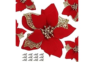 12 Pack Artificial Red and Gold Poinsettia Flower Christmas Decorations