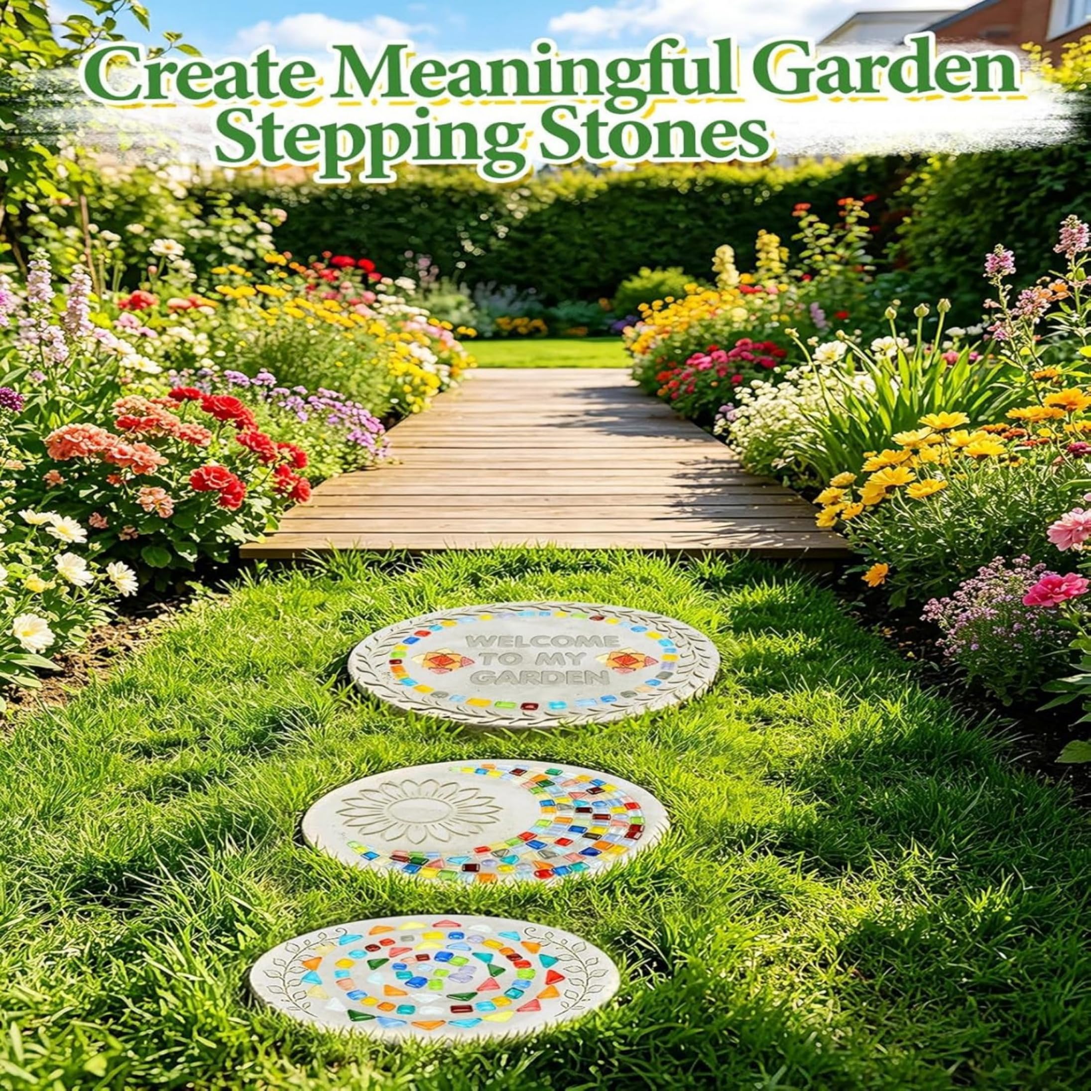 Kit pietra miliare per impronte di mani fai-da-te, kit pietra da giardino per impronte di mani con stampi rotondi, timbri con lettere e numeri, gemme di mosaico sagomate, strumenti, guanti e tappe