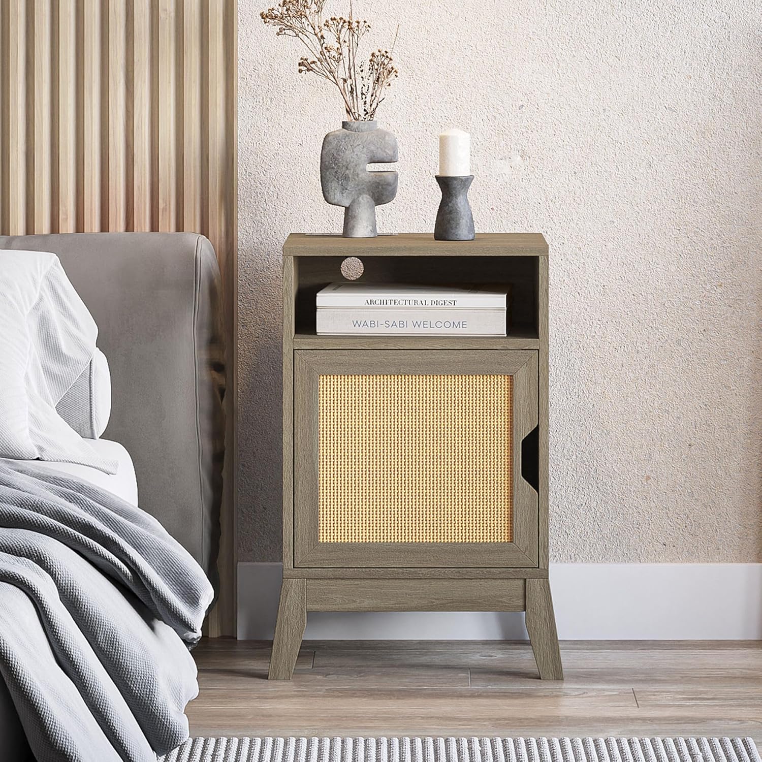 BELLEZE End Table with Ultra-Fast USB Type A/C Outlet Strip, Boho Style Nightstand with Rattan Decorated Cabinet, Modern Side Table for Bedroom, Guest Room, Office - Carl(Nature)