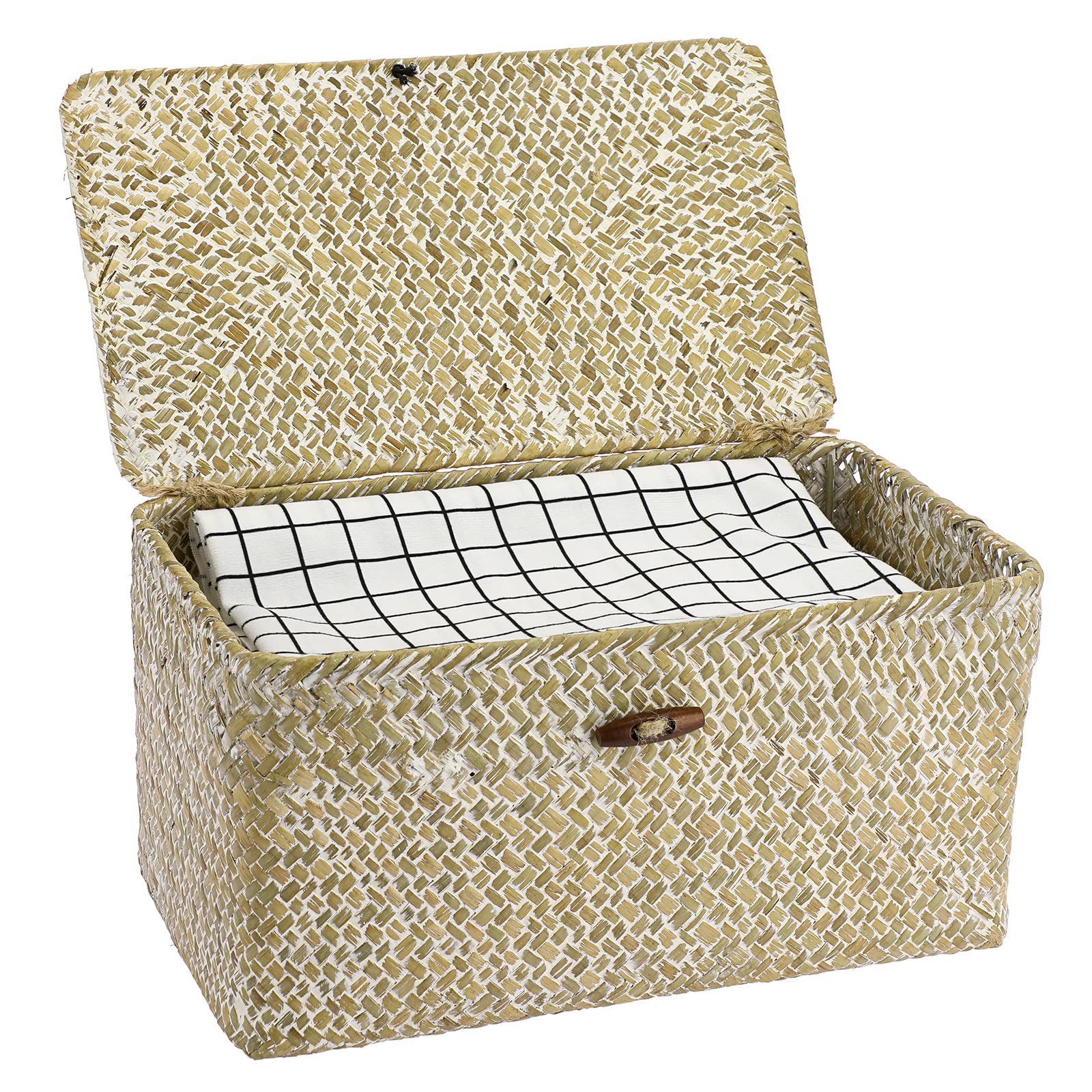 Hipiwe Set mit 3 Weidenkörben mit Deckel – groß, handgewebt, Seegras, Regalkorb, Behälter, rechteckig, stapelbar, Haushalts-Organizer, Boxen für Regal, Schrank, Kleiderschrank, Organizer, weiß