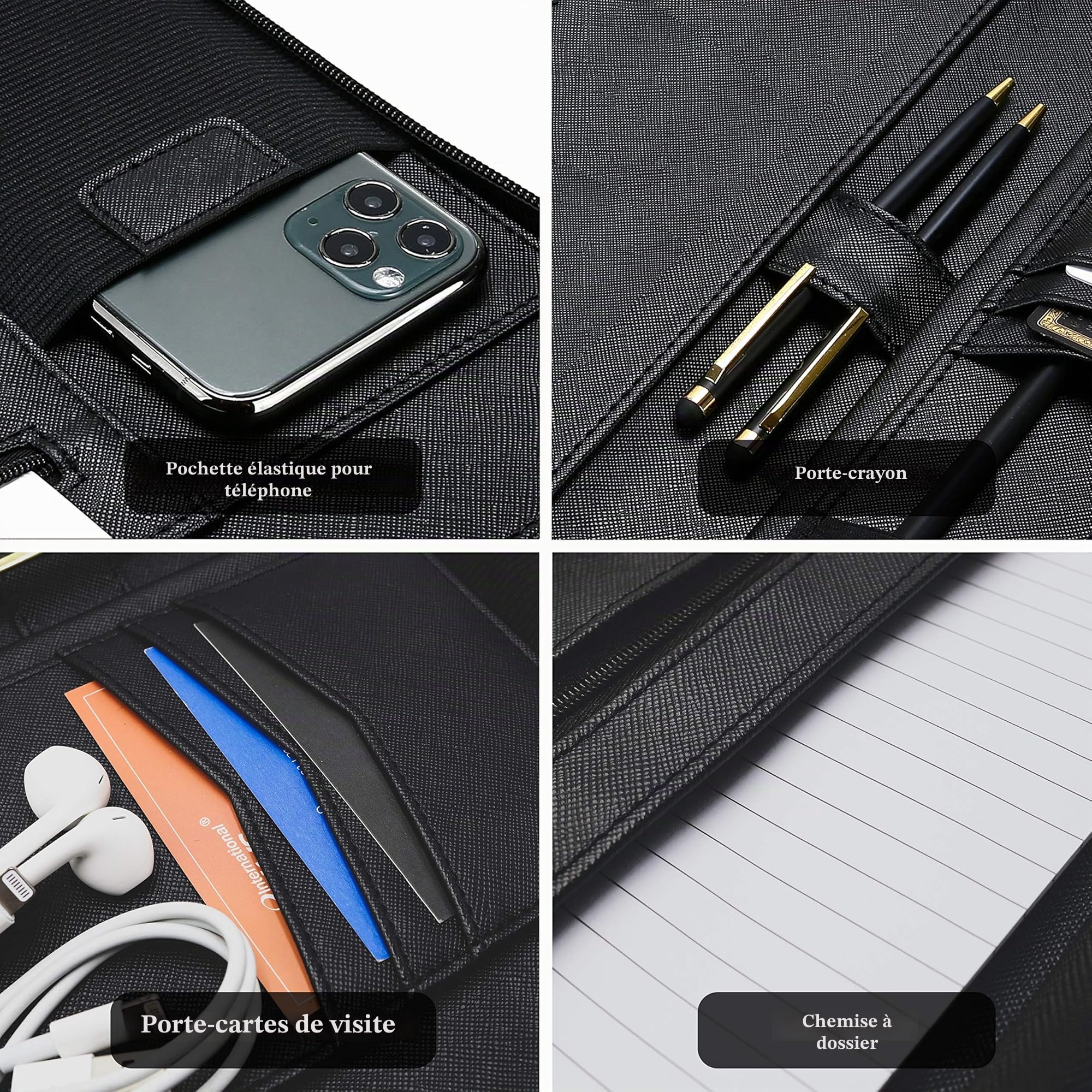 ProCase Portfolio A4 en Simili Cuir, Porte Documents avec Papiers Écrit, Porte Bloc-notes pour Record de Réunion/RDV Affaires, Portefeuille A4 Zippée, Légère Durable -Noir
