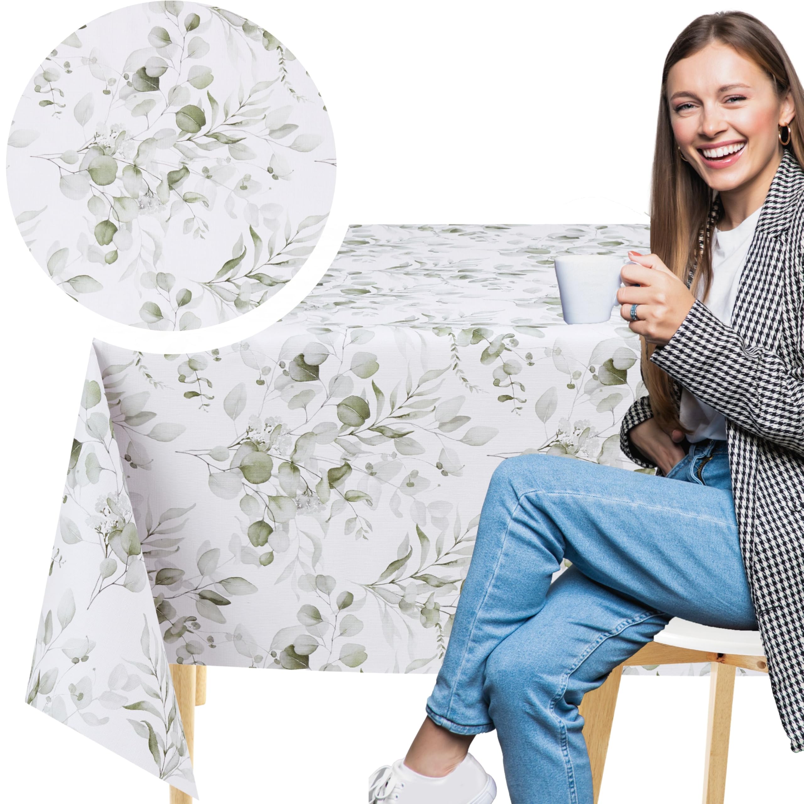 KP HOME White PVC Tablecloth Wipeable with Boho Leaves Print, Square 55.1"x 55.1"