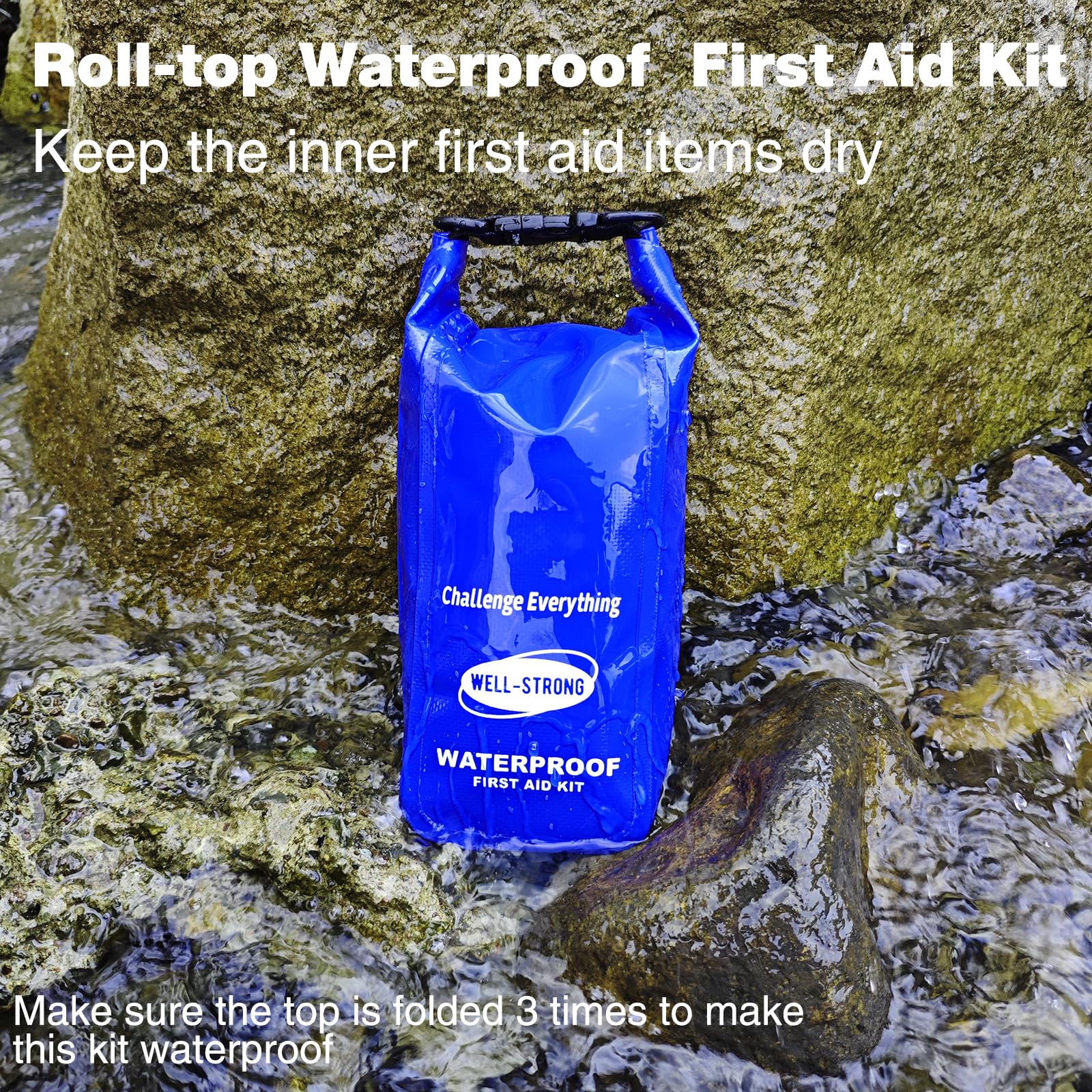 Kit de primeros auxilios impermeable, kit de emergencia para lancha enrollable con contenido impermeable para pesca, kayak, barco, natación, camping, rafting, playa, azul
