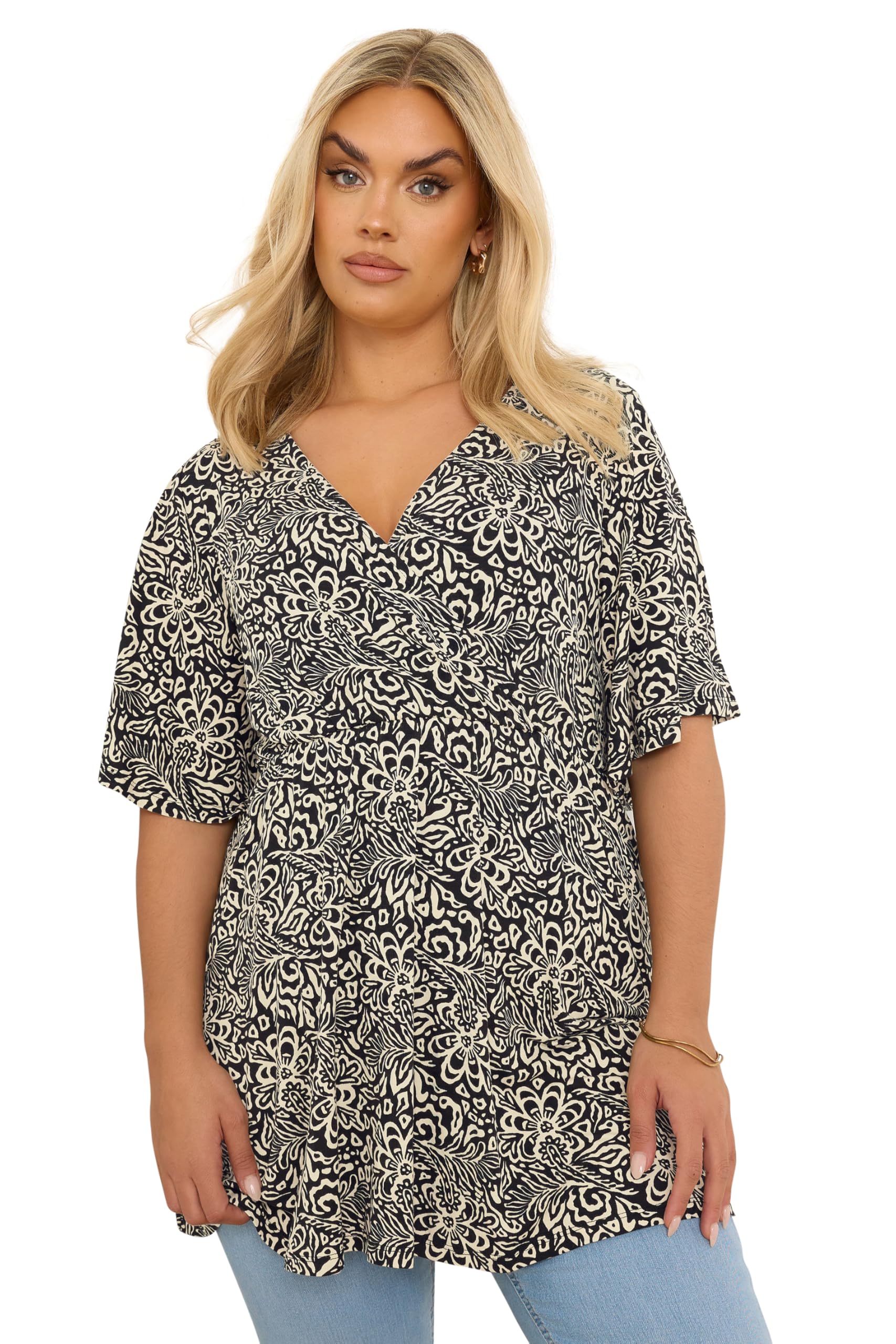 Yours Women's Black Curve Floral Leaf Print Wrap Top - Plus Size Curve