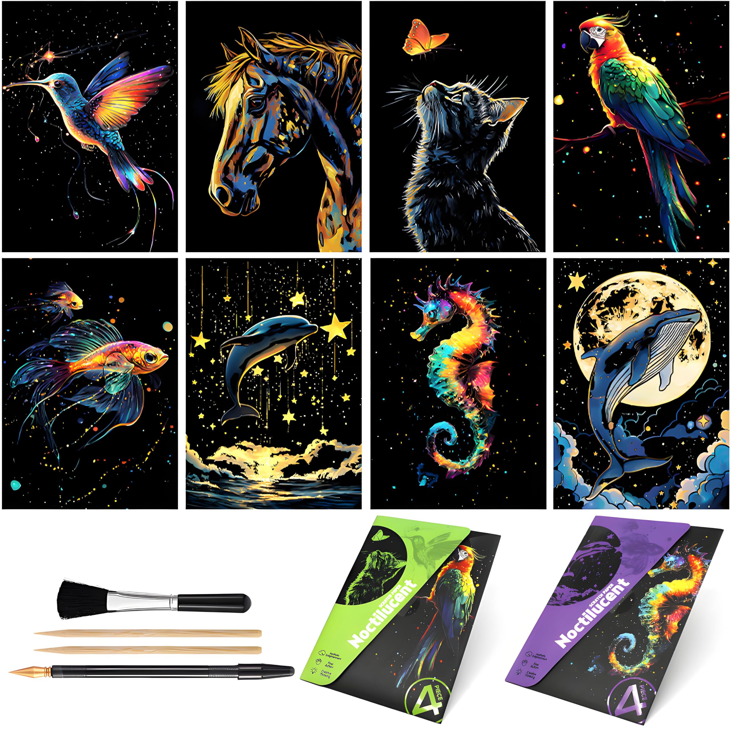 AP ARTSPER 8 Sheet Glow in The Dark Scratch Art Rainbow Painting Paper | Engraving Craft Scratchboard(A5) for Kids Teens & Adults, Sketch Card Creative Toy DIY Projects (Animal)-image-6