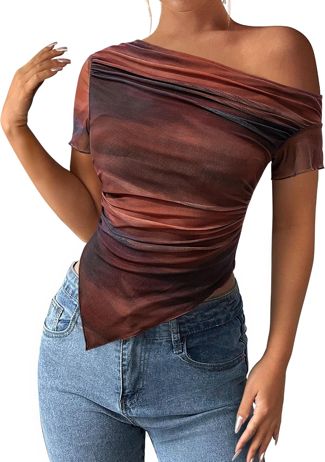 PRETTYGARDEN Womens Summer Off The Shoulder Tops 2026 Spring Short Sleeve Mesh Tie Dye Shirt Ruched Asymmetrical Y2k Clothes