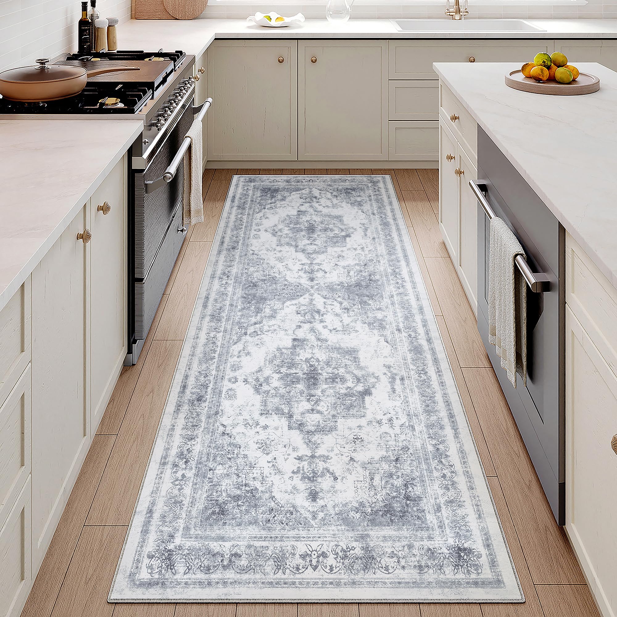 HUGEAR Vintage Passatoia Tappeto Corridoio Blu Tappeti 60x180cm Cucina Antiscivolo Lavabile in Lavatrice Tapette Camera da Letto Scendiletto Cameretta Ufficio Pelo Corto Lungo Carpet