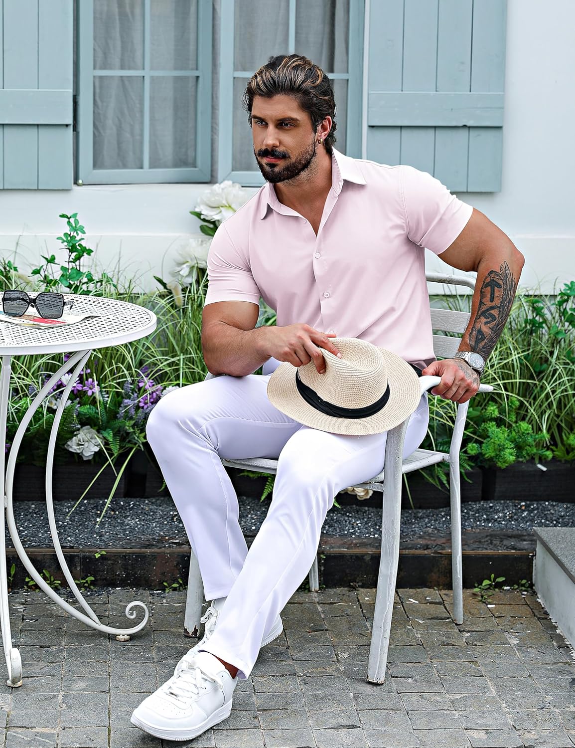 URRU Men's Muscle Dress Shirts Slim Fit Stretch Short Sleeve Casual Button Down Shirts for Men - Image 4