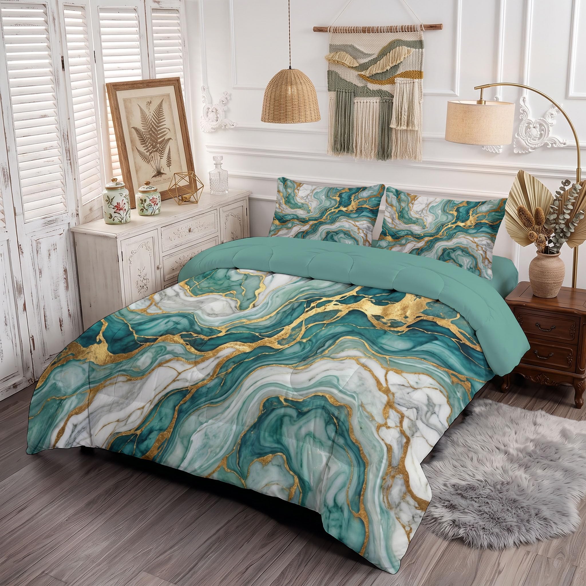 Vergoldet Marmor Bettdecke 140×200 cm | 4 Jahreszeiten Blattgold Crack Steppdecke mit 1 Kissenbezug 80x80cm, Waschbar Ganzjahresdecke - Grün Gold