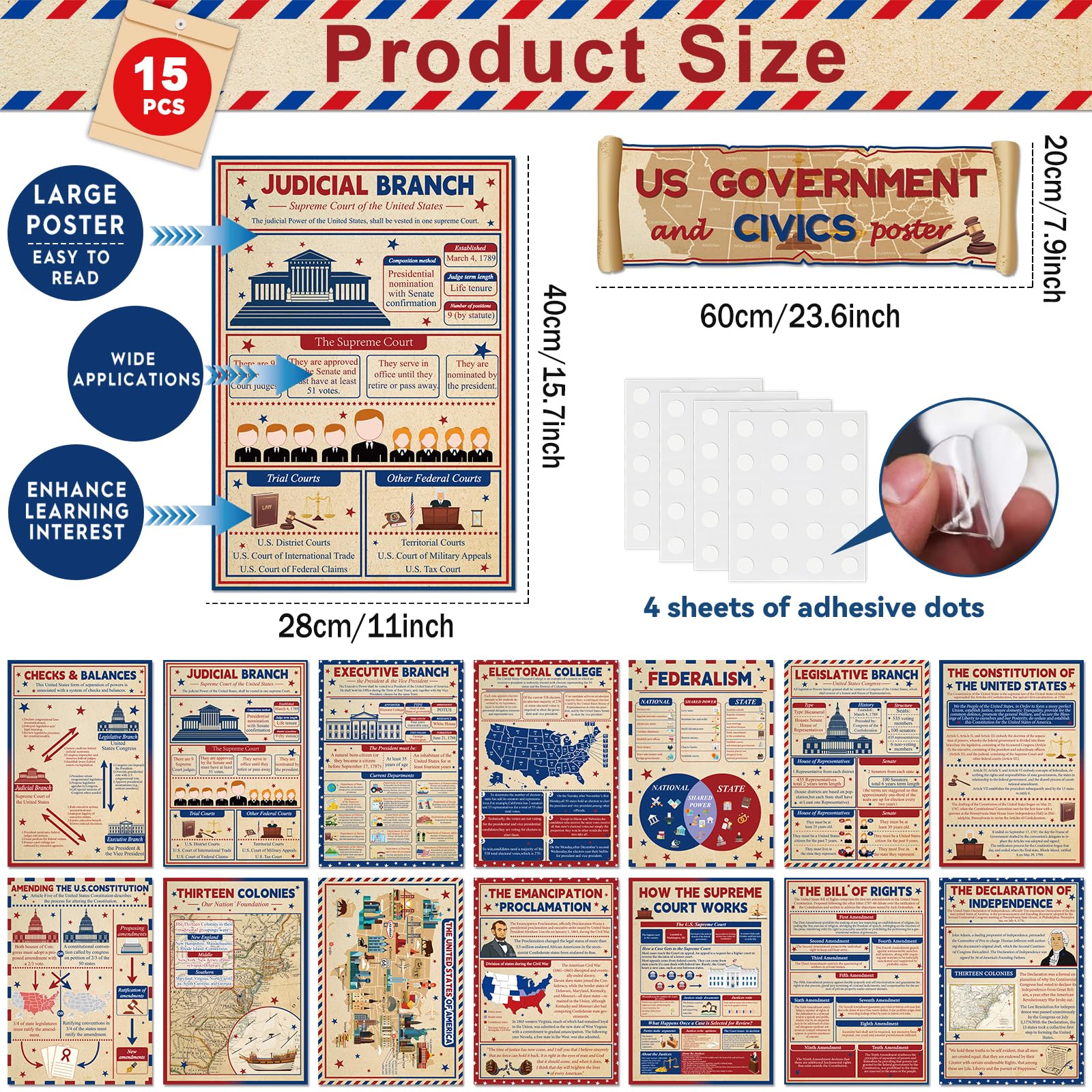 Wiooffen 15Pcs US Government Posters Us History Civics Poster Set Social Studies Bulletin Board Government Structure Educational Posters Classroom Decorations for Teachers Middle High School Decor - Image 2
