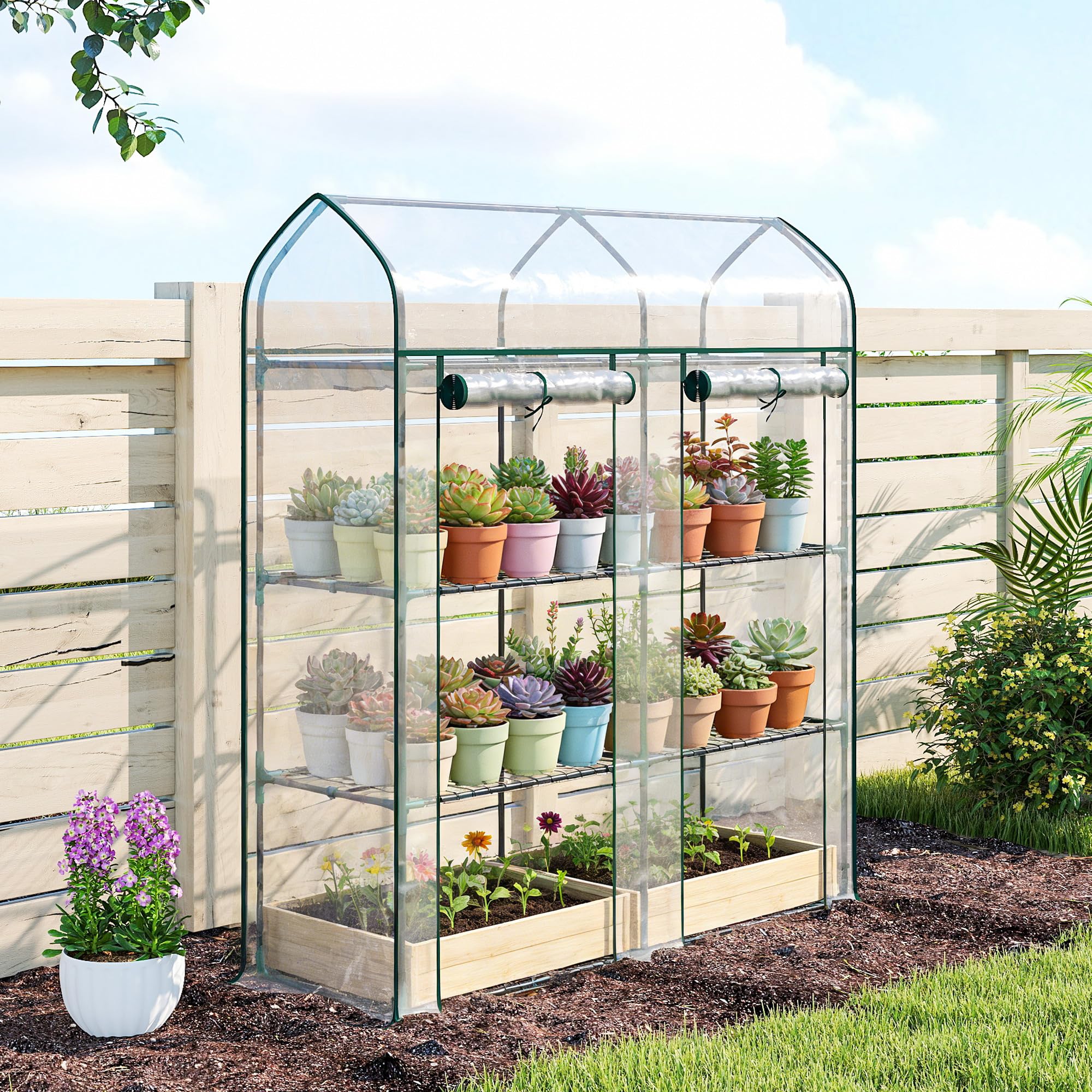 Outsunny Invernadero Pequeño de 3 Niveles 143x46x165 cm Transparente | Invernadero de Exterior, 2 Puertas Enrollables, Marco de Acero, Cubierta de Plástico Anti-UV, para Cultivar Plantas, Flores