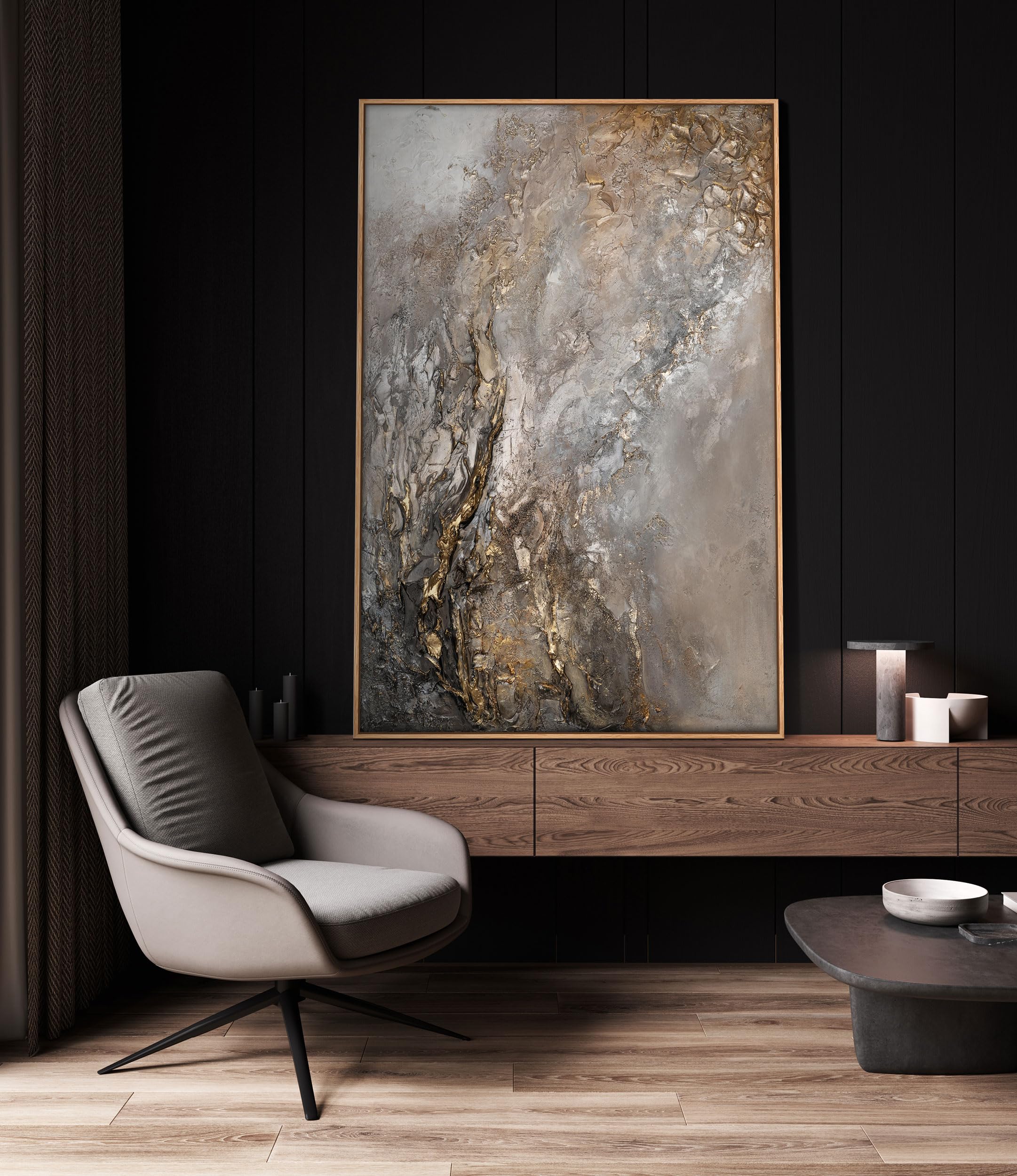YS Enmarcado Pintado en acrílico Universo Pintura abstracta a mano Tonos verde grisáceo con dorado y plateado Decoración de pared salon modern 120x80 cm