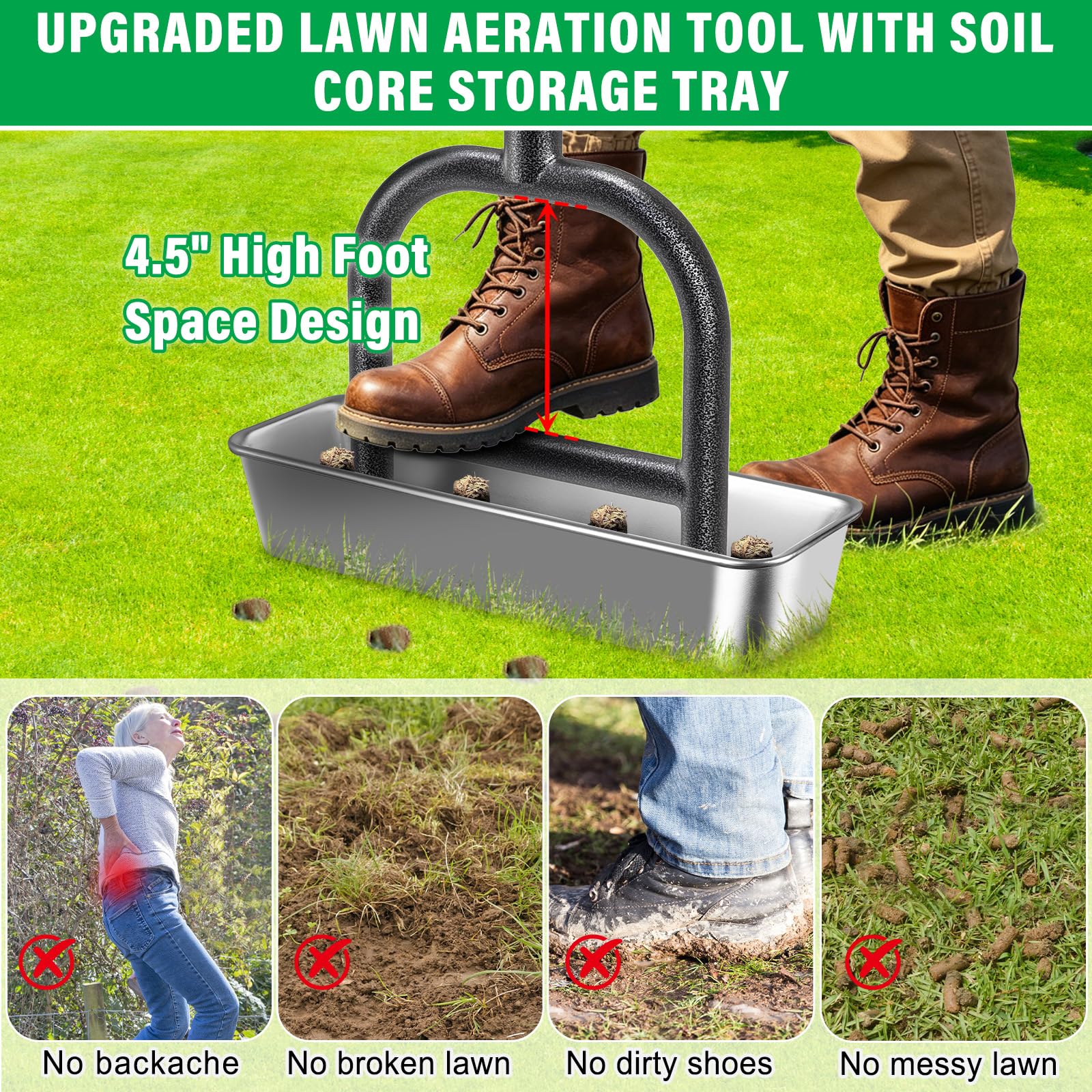 SELEWARE Aireador de césped, aireador para césped, Pala Hueca con Bandeja de Almacenamiento y Herramientas de jardín, Mango de Goma en Forma de T, aireador de césped, escarificador, aireación de
