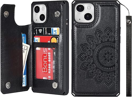 iCoverCase Funda compatible con iPhone 13 con tarjetero para mujer, bloqueo RFID en relieve de piel sintética con correa de muñeca de 6.1 pulgadas