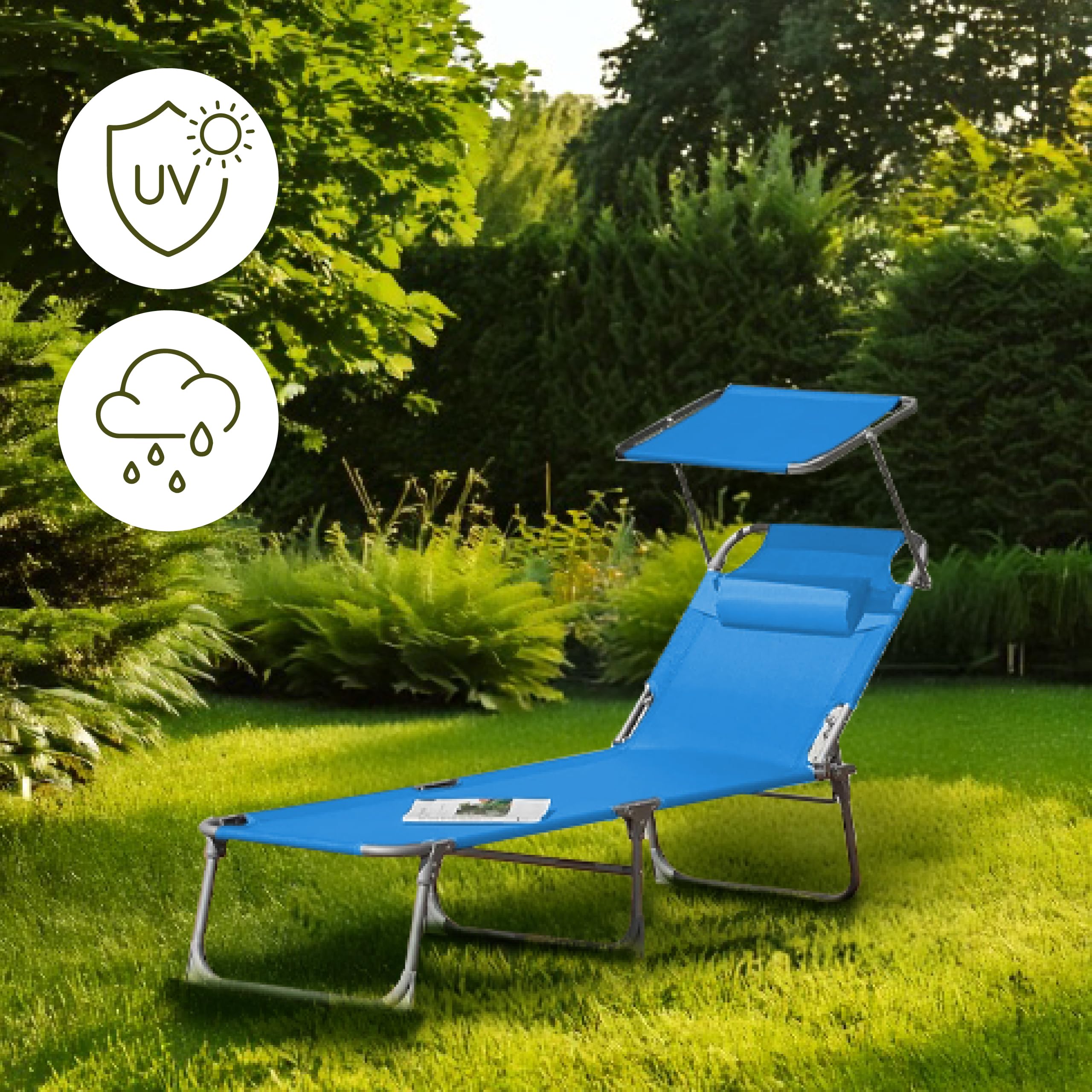 VCM Sonnenliege klappbar 185x24x55 cm Gartenliege faltbar Liegestuhl mit verstellbarem Sonnendach Blau