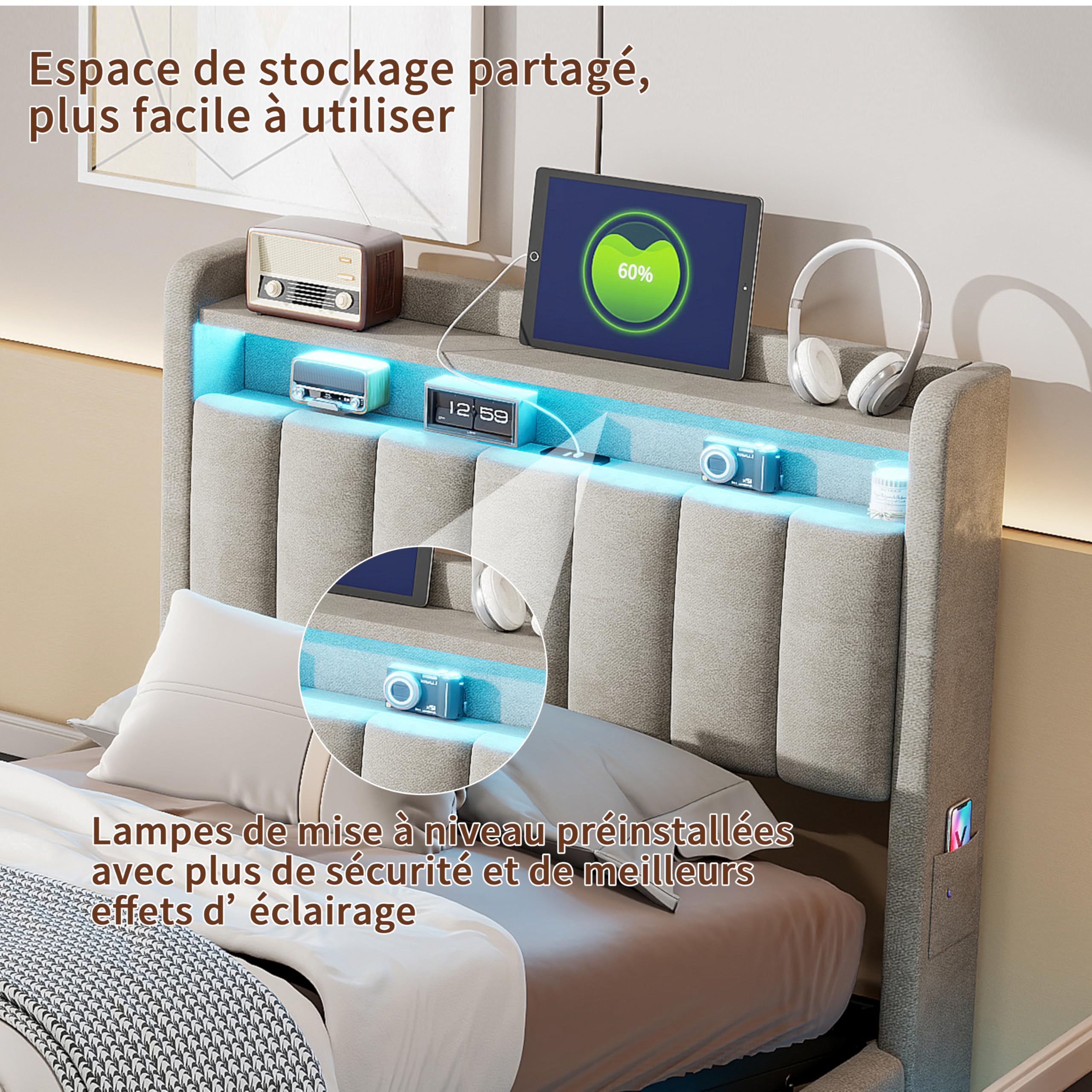 Letto Contenitore 90x200 con Sommier LED e USB,Letto per Ragazzi con Testiera Multifunzione e 2 Cassetti,Letti Singoli Imbottiti con Spazio di Archiviazione Idraulico,Grigio